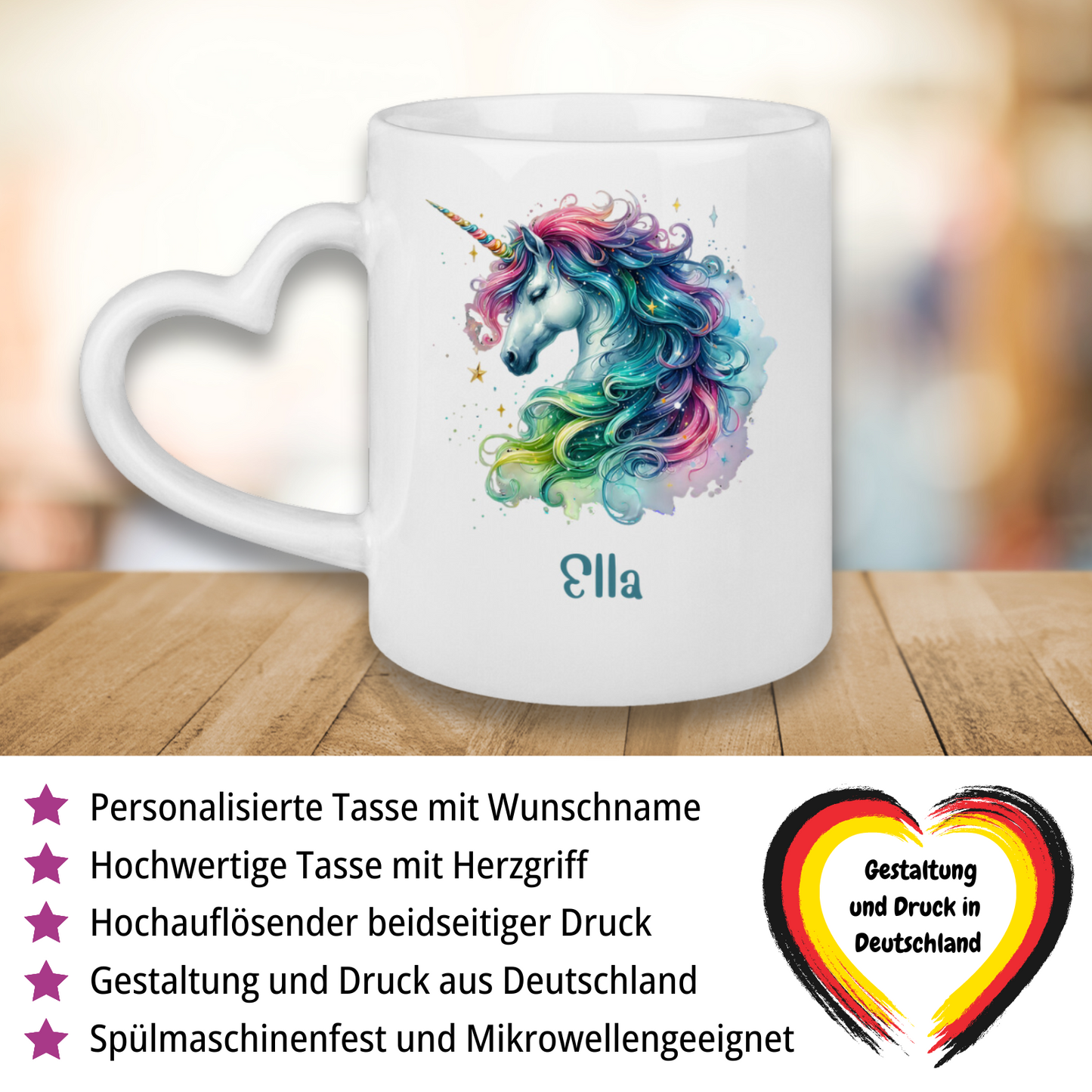 Tasse Herzgriff Einhorn personalisiert mit Wunschname Geschenk Geburtstag