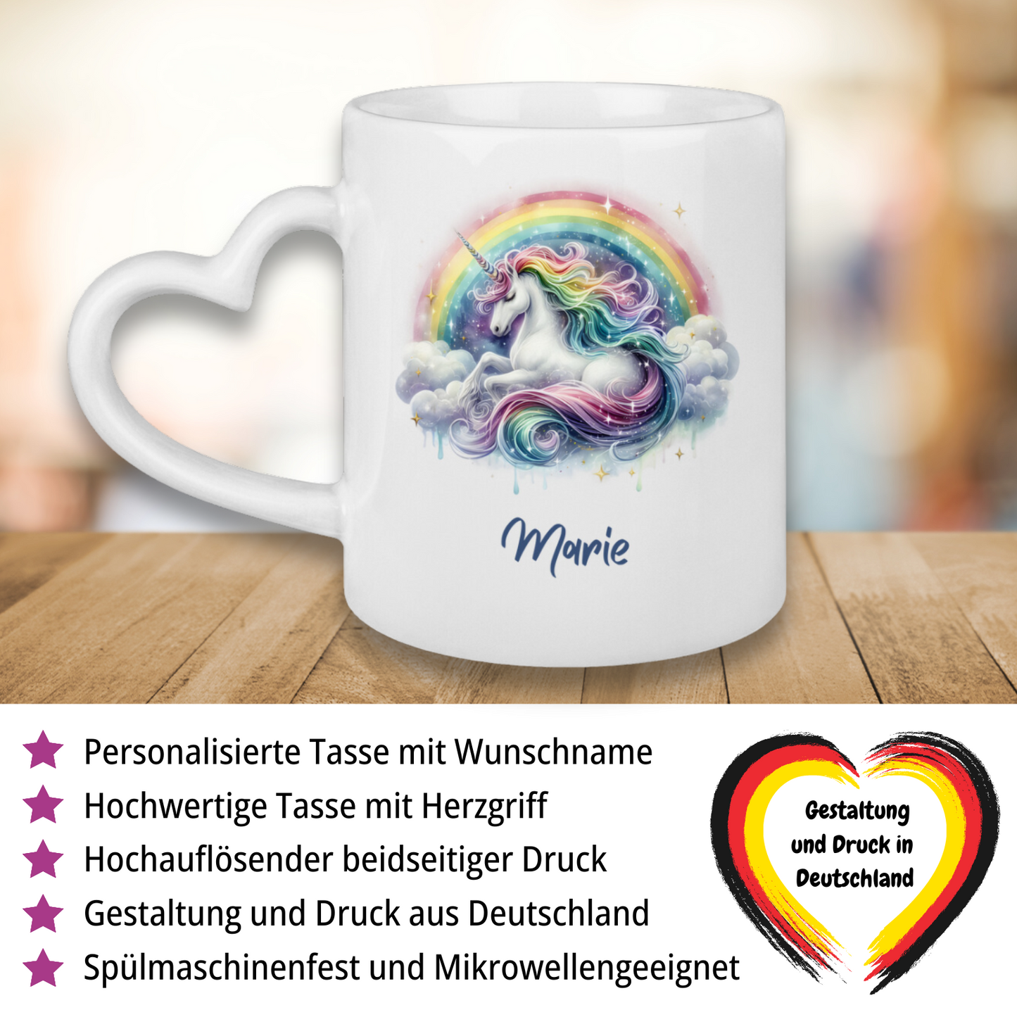 Tasse Herzgriff Einhorn personalisiert mit Wunschname Geschenk Geburtstag