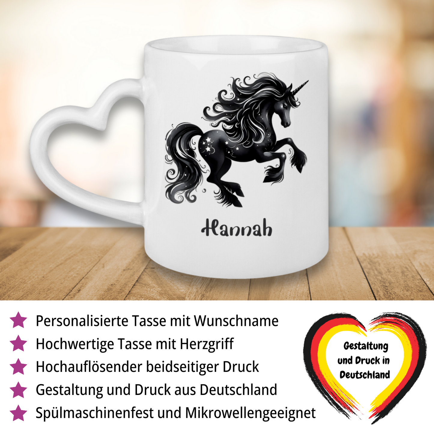 Tasse Herzgriff Einhorn personalisiert mit Wunschname Geschenk Geburtstag
