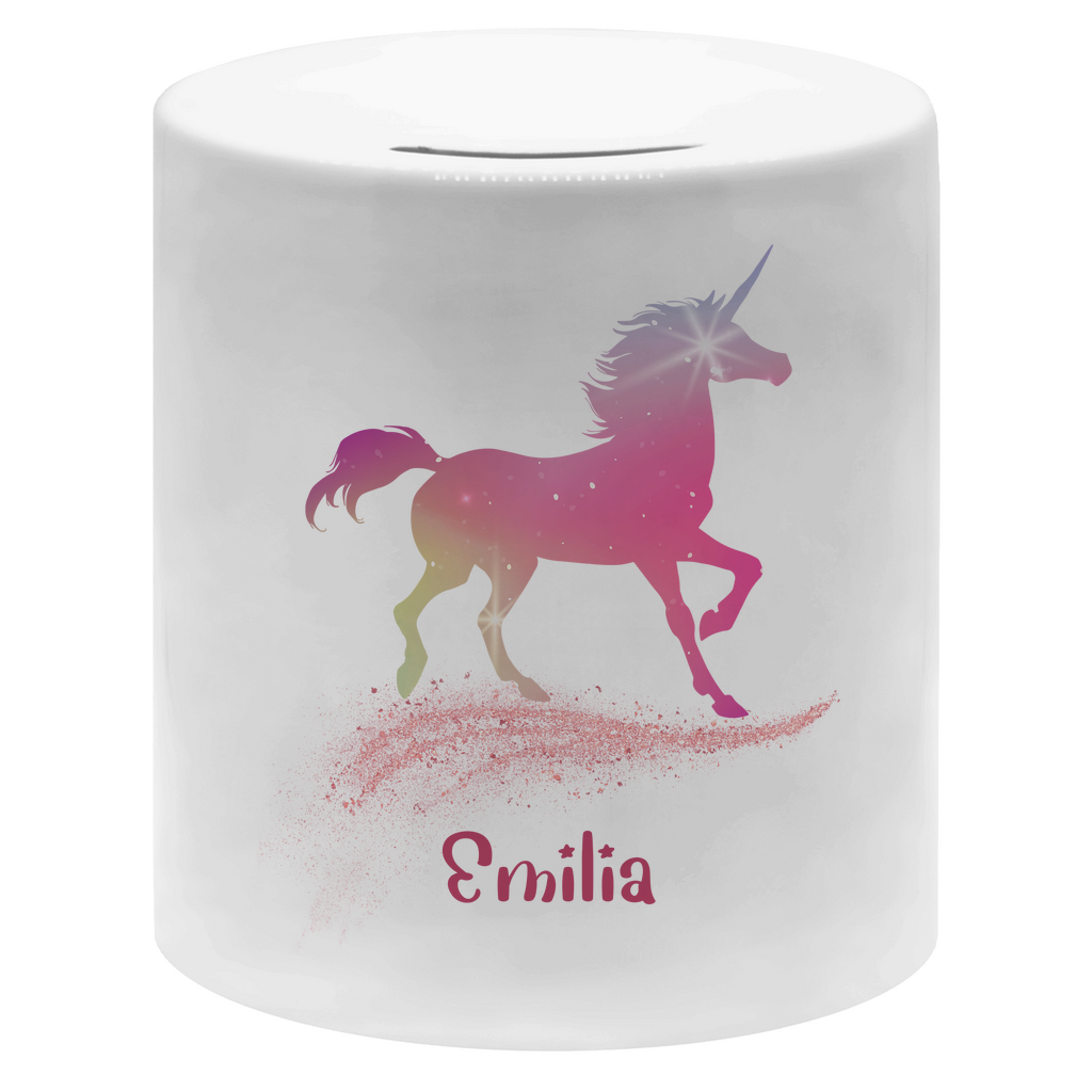 Spardose für Kinder Einhorn personalisiert mit Wunschname Geschenk Geburtstag