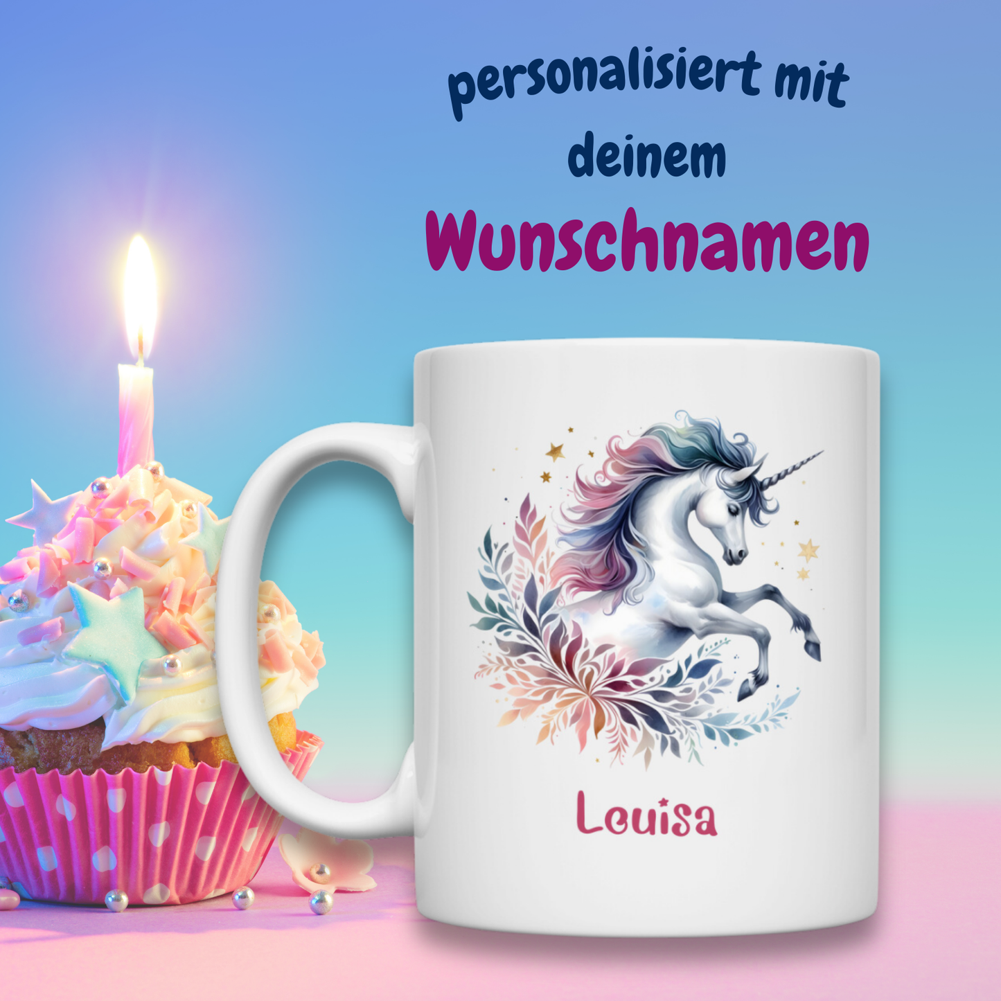 Tasse weiß Einhorn personalisiert mit Wunschname Geschenk Geburtstag