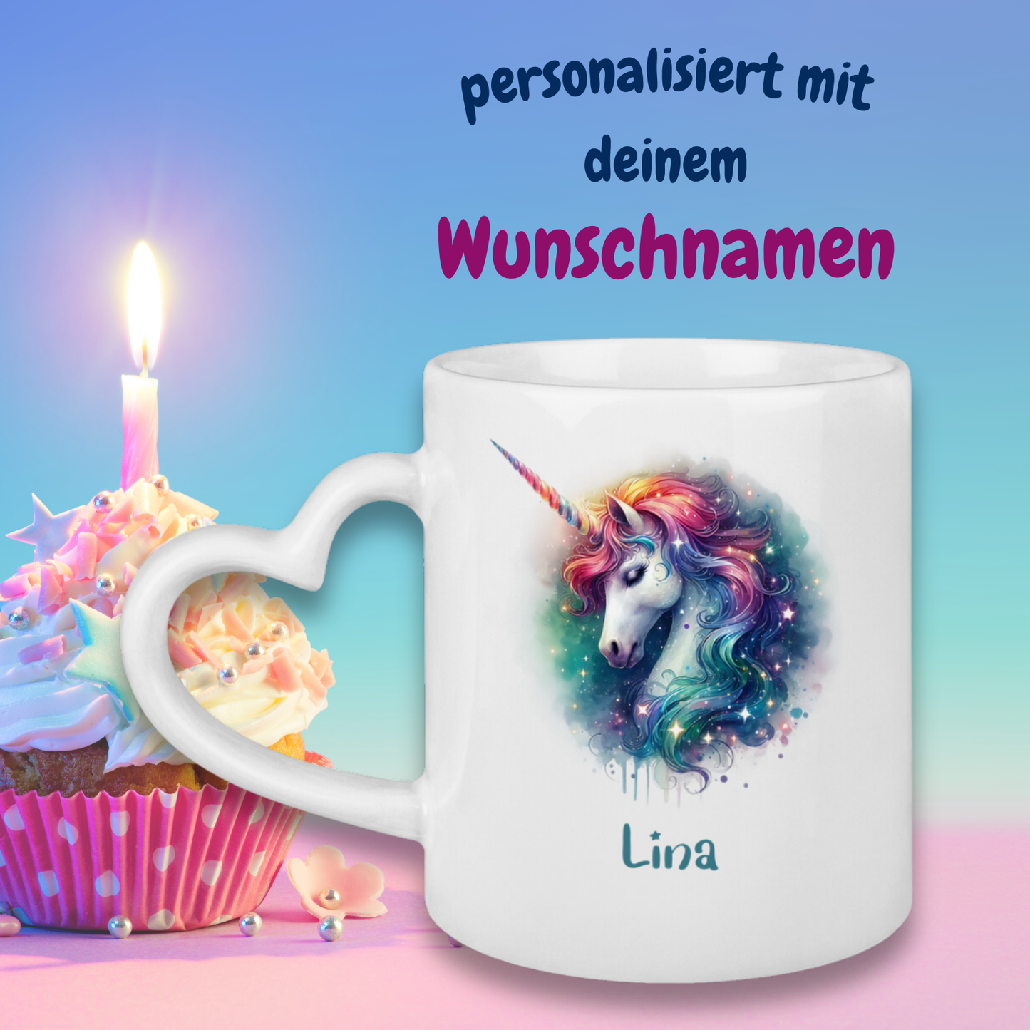 Tasse Herzgriff Einhorn personalisiert mit Wunschname Geschenk Geburtstag