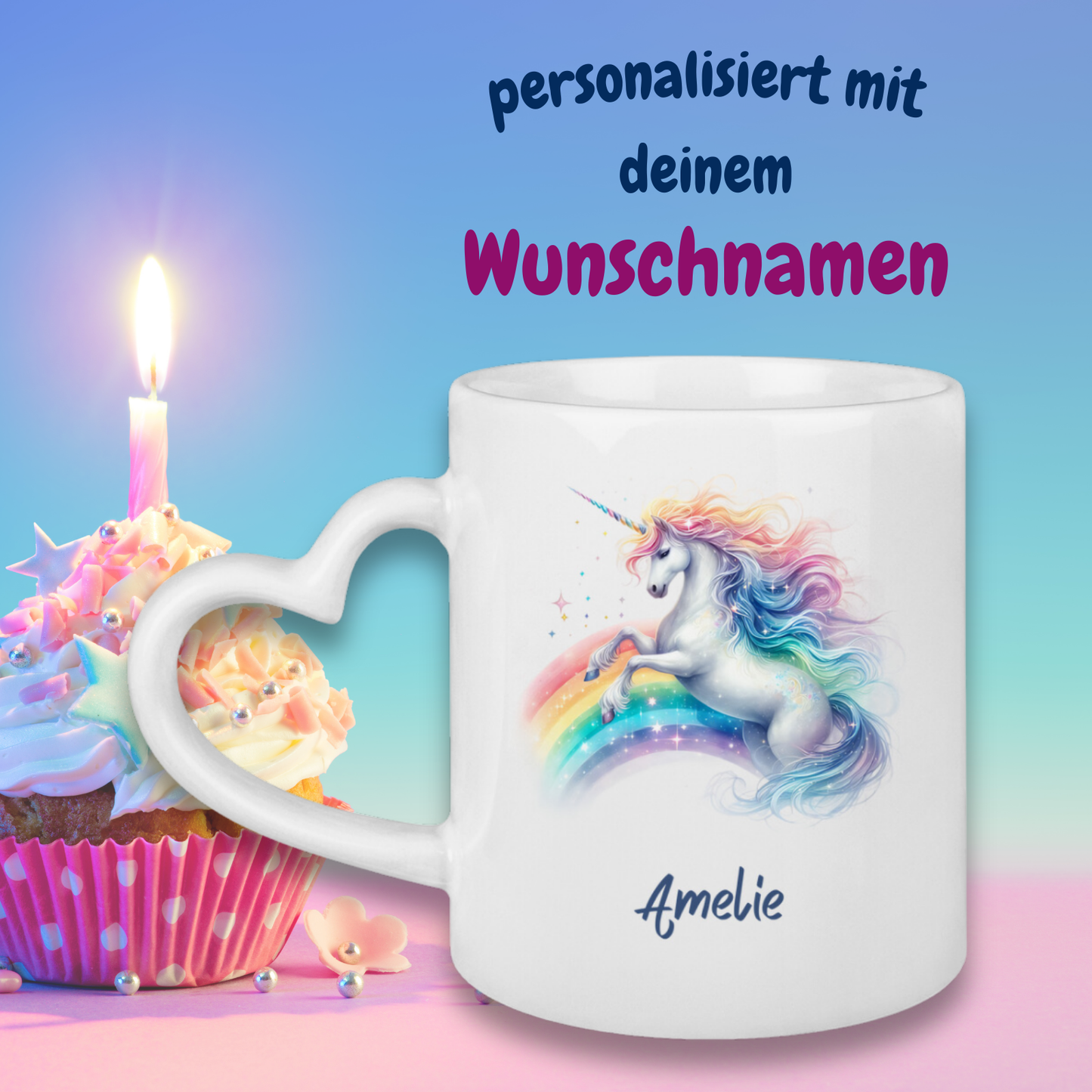 Tasse Herzgriff Einhorn personalisiert mit Wunschname Geschenk Geburtstag