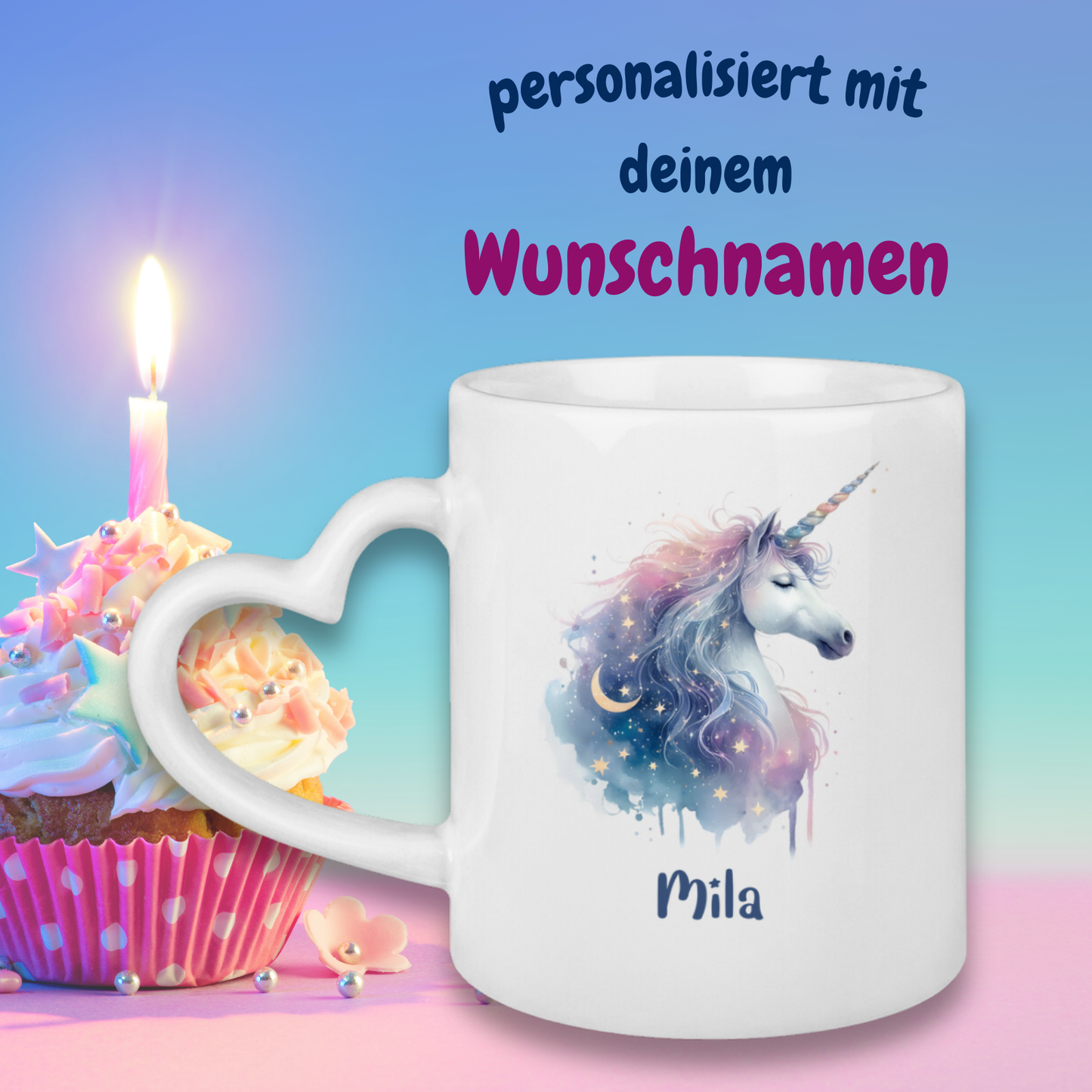 Tasse Herzgriff Einhorn personalisiert mit Wunschname Geschenk Geburtstag