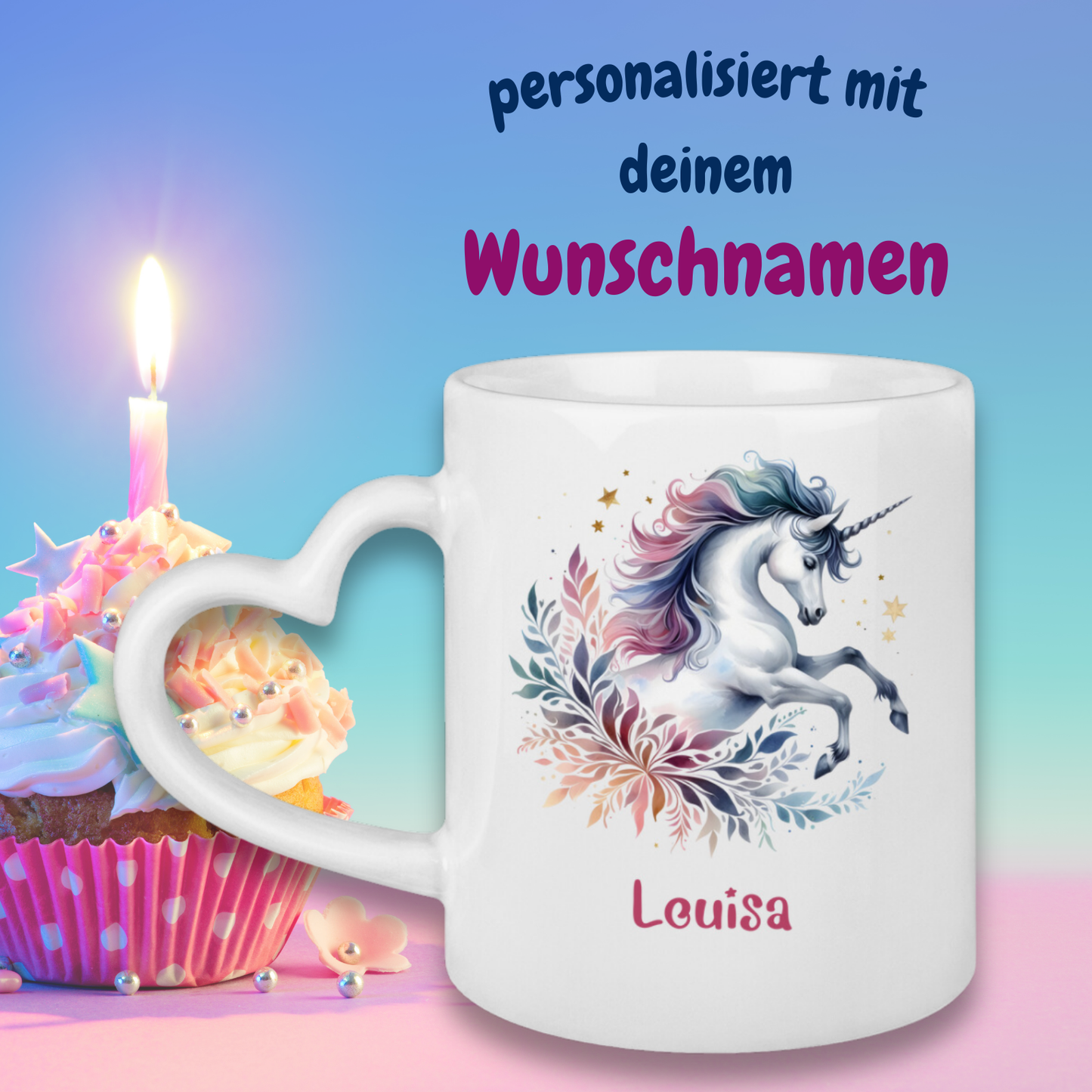 Tasse Herzgriff Einhorn personalisiert mit Wunschname Geschenk Geburtstag