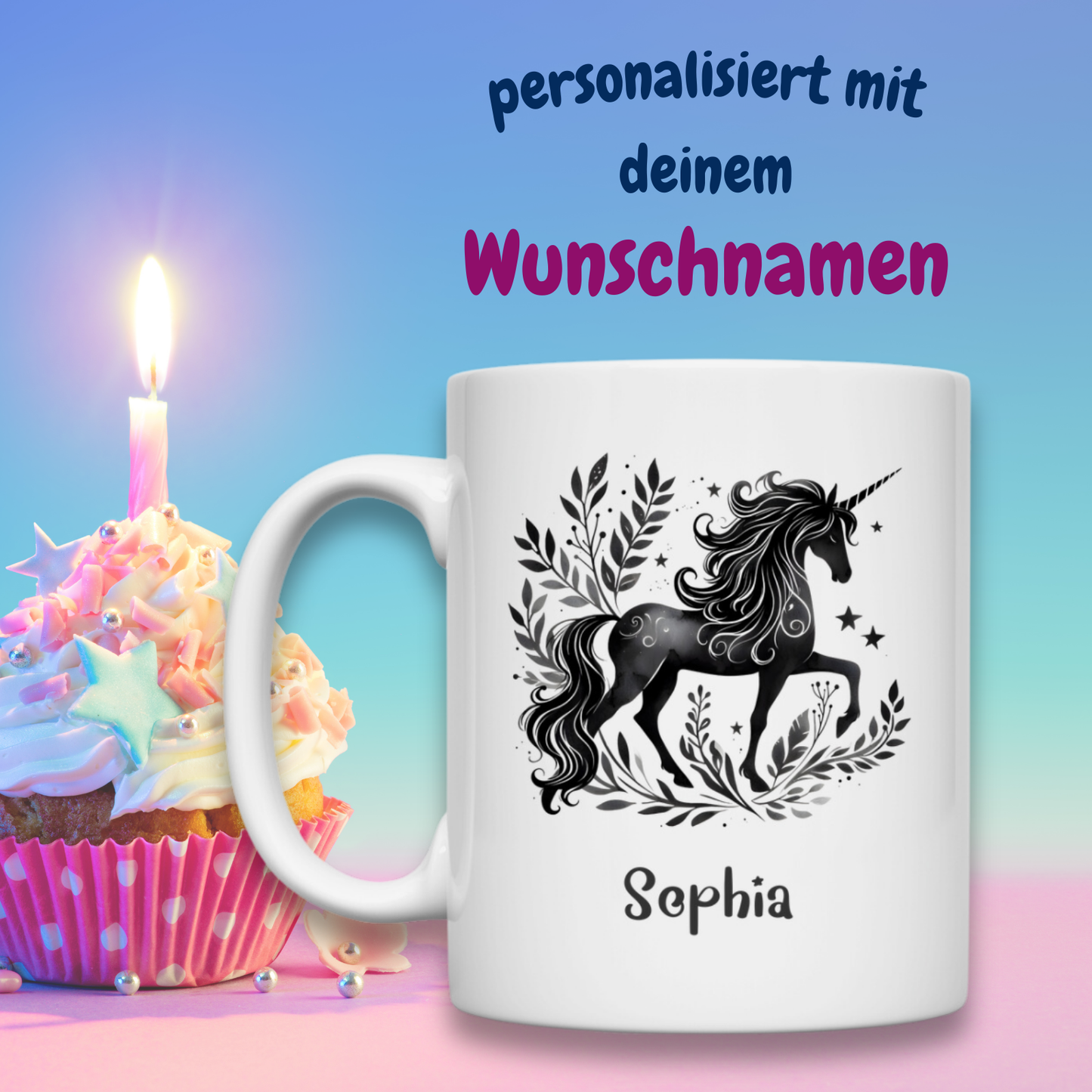 Tasse weiß Einhorn personalisiert mit Wunschname Geschenk Geburtstag