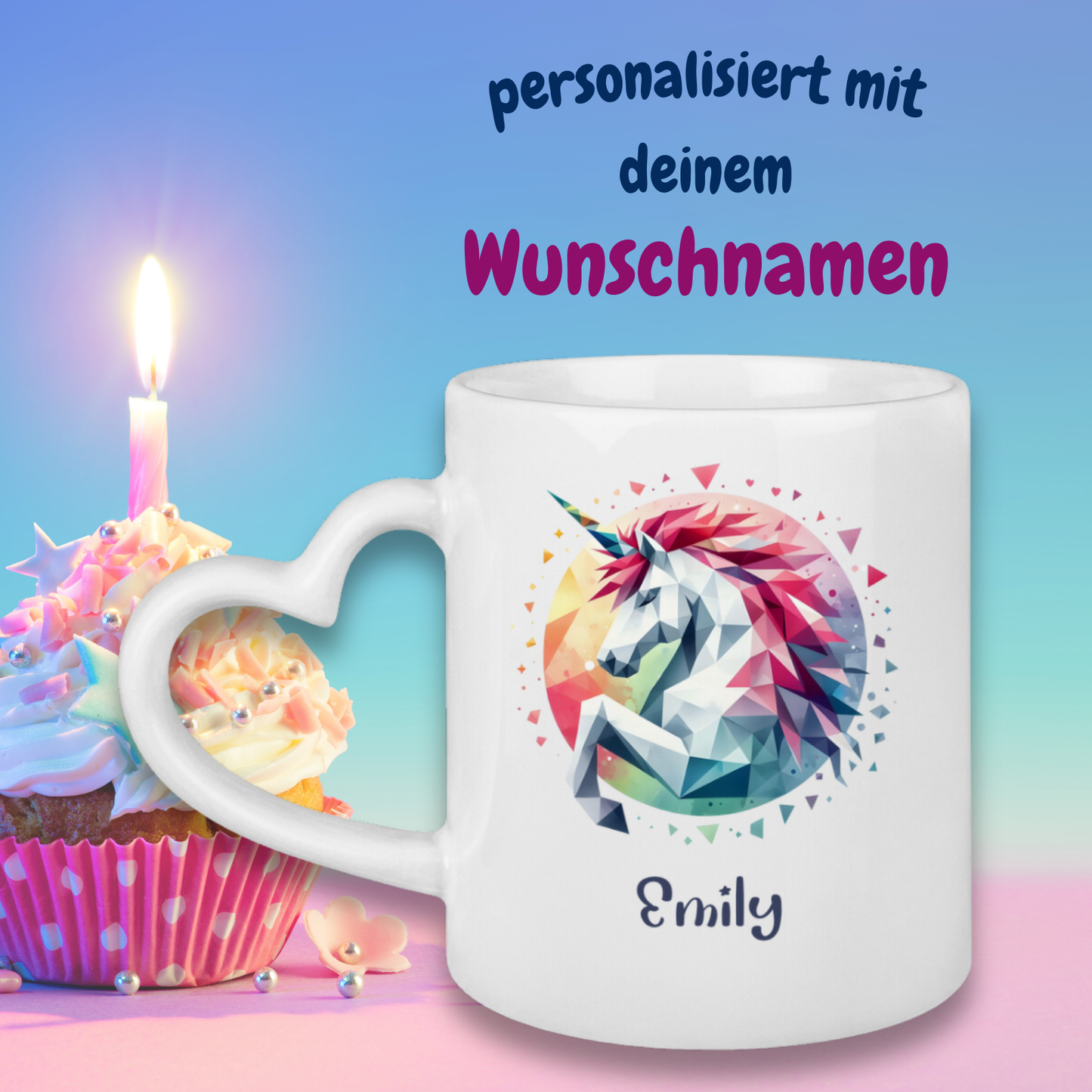 Tasse Herzgriff Einhorn personalisiert mit Wunschname Geschenk Geburtstag