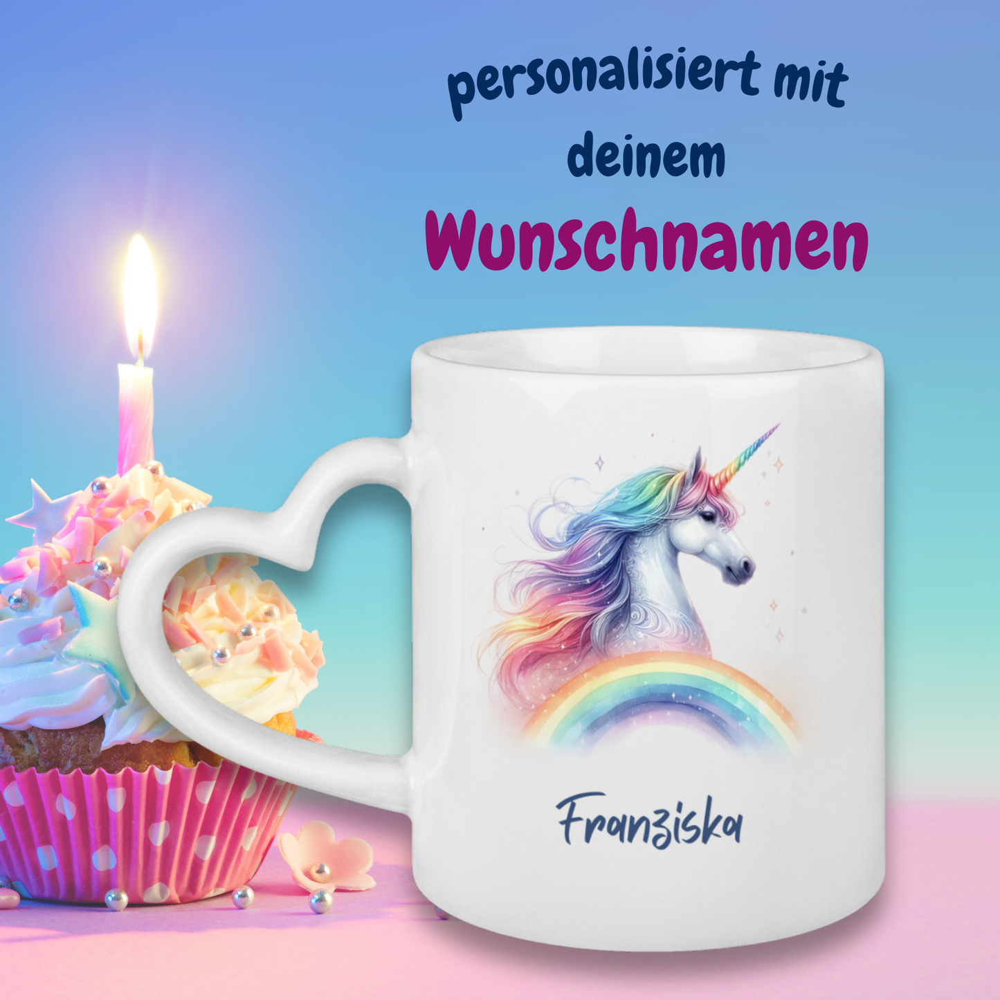 Tasse Herzgriff Einhorn personalisiert mit Wunschname Geschenk Geburtstag