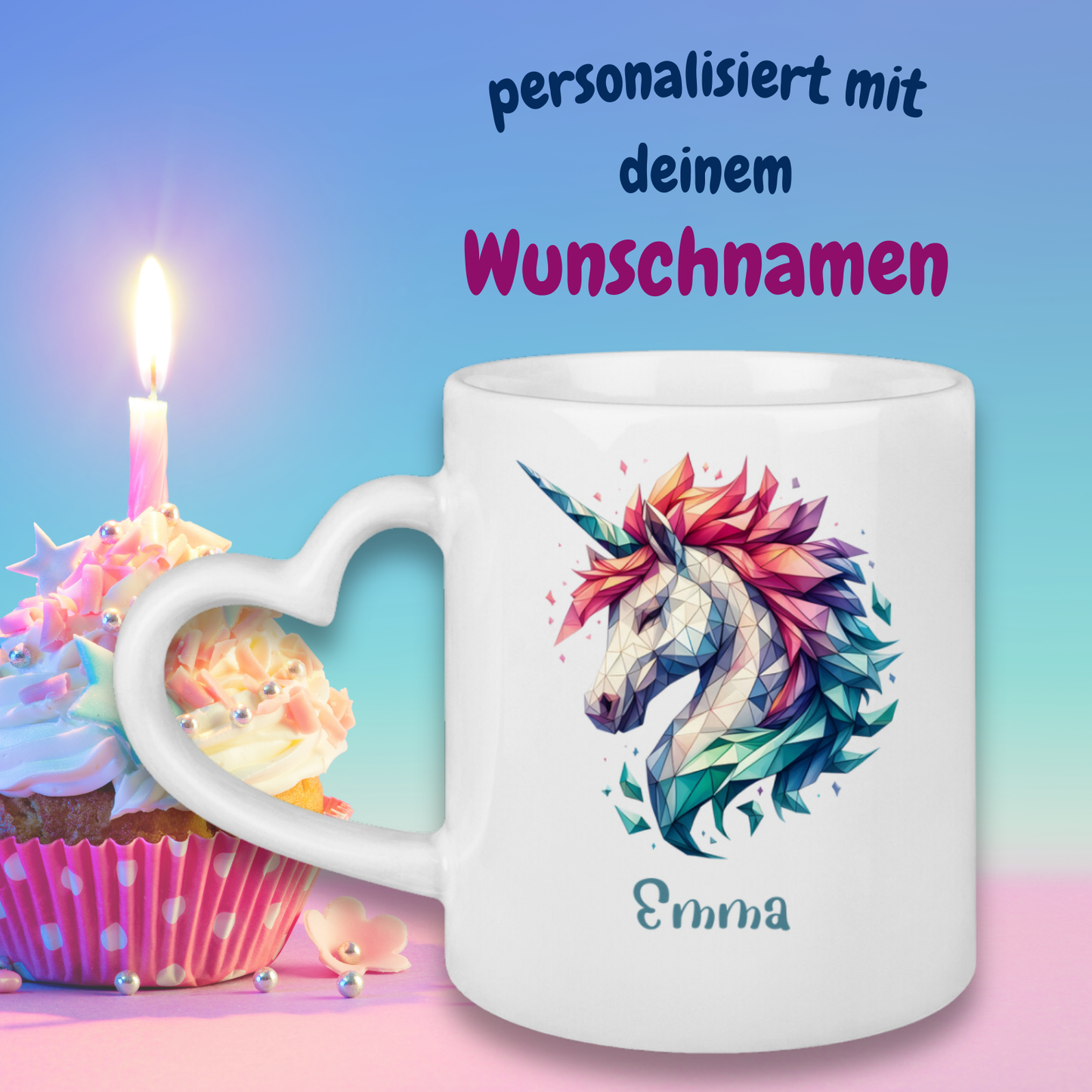 Tasse Herzgriff Einhorn personalisiert mit Wunschname Geschenk Geburtstag