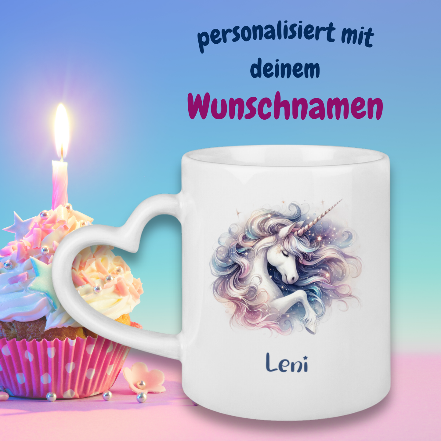 Tasse Herzgriff Einhorn personalisiert mit Wunschname Geschenk Geburtstag