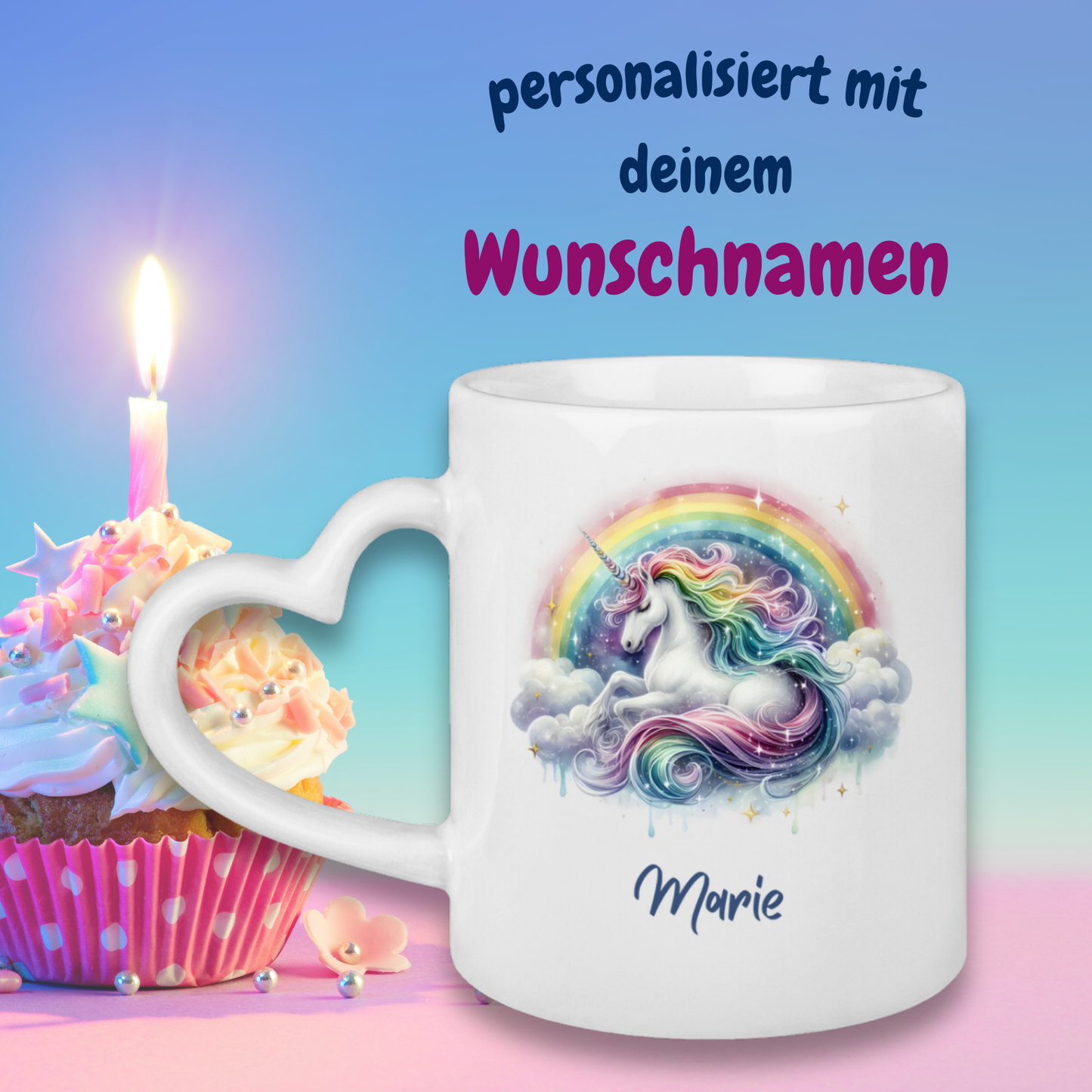Tasse Herzgriff Einhorn personalisiert mit Wunschname Geschenk Geburtstag