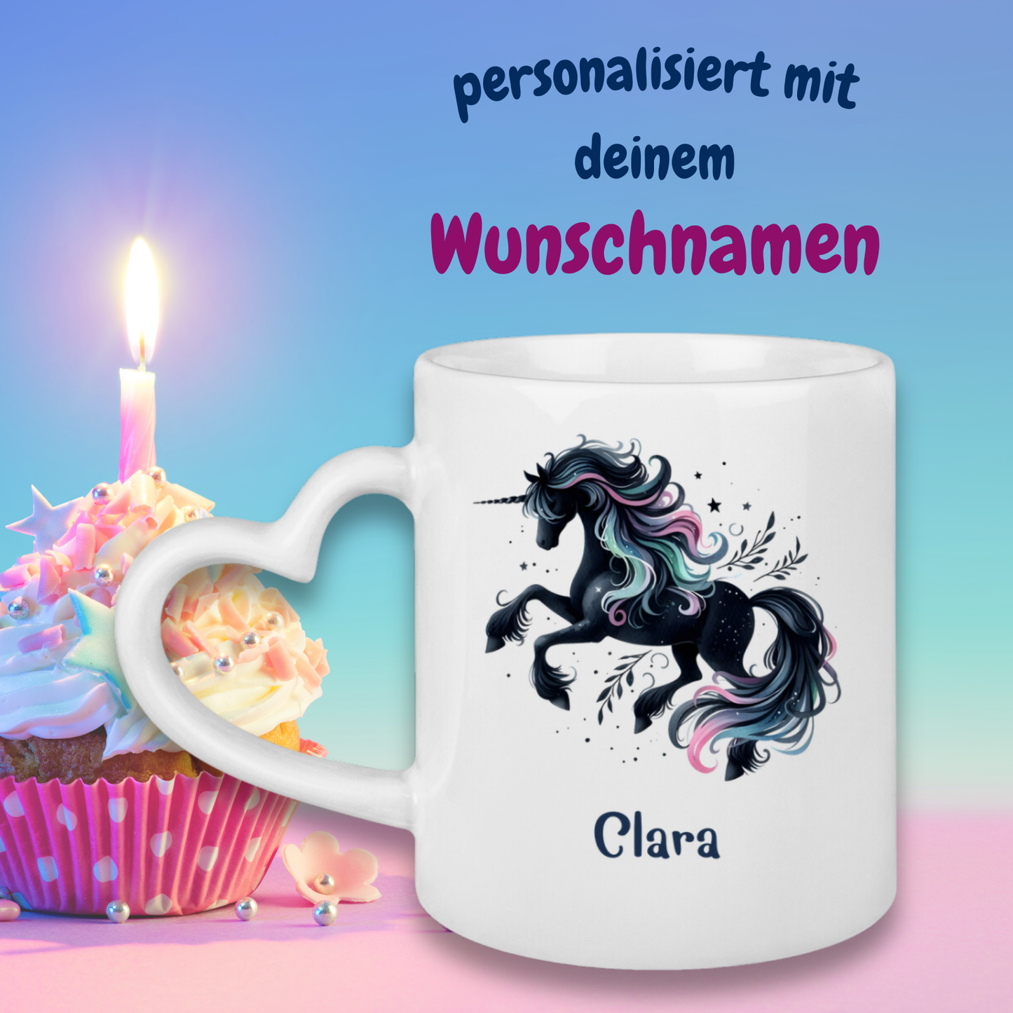Tasse Herzgriff Einhorn personalisiert mit Wunschname Geschenk Geburtstag