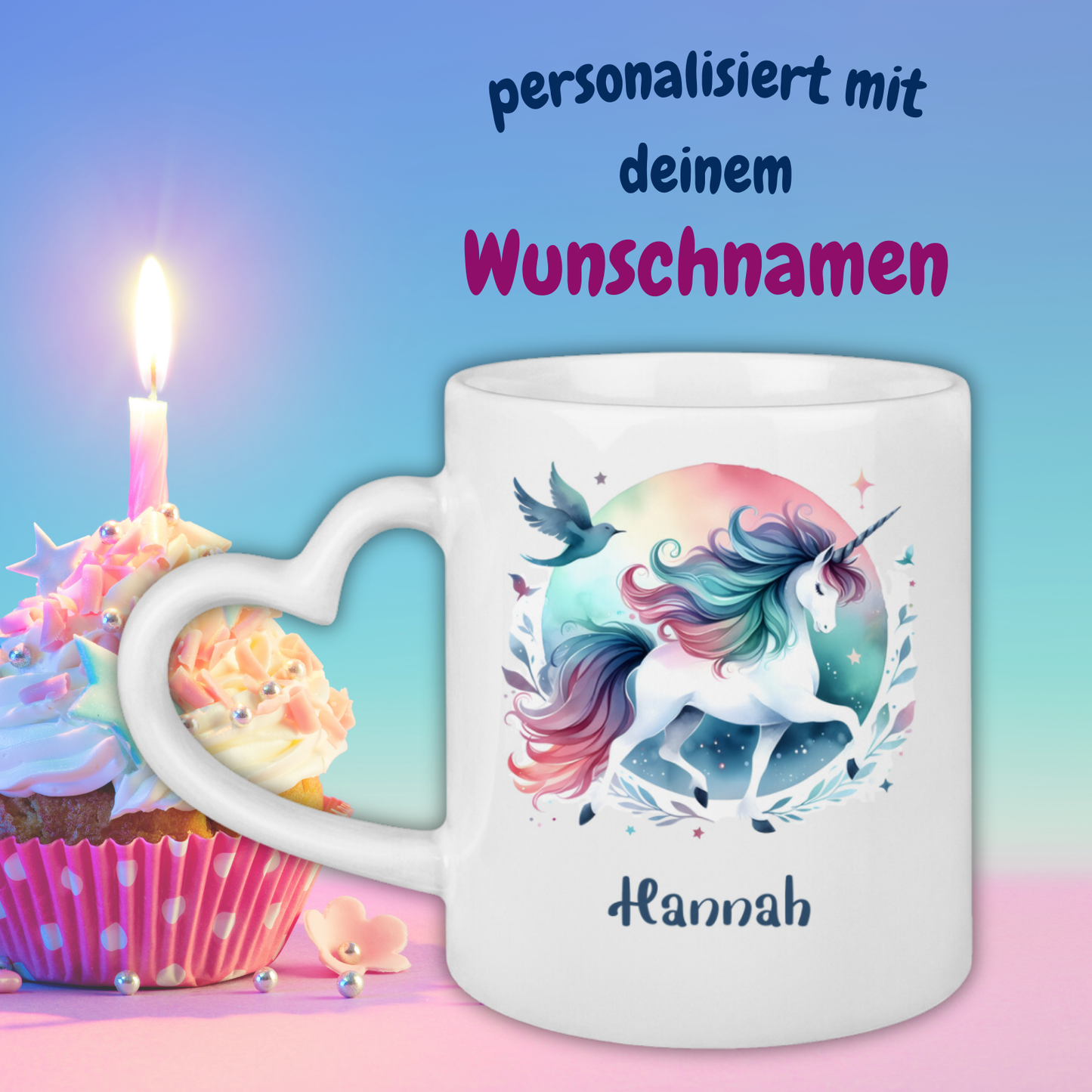 Tasse Herzgriff Einhorn personalisiert mit Wunschname Geschenk Geburtstag
