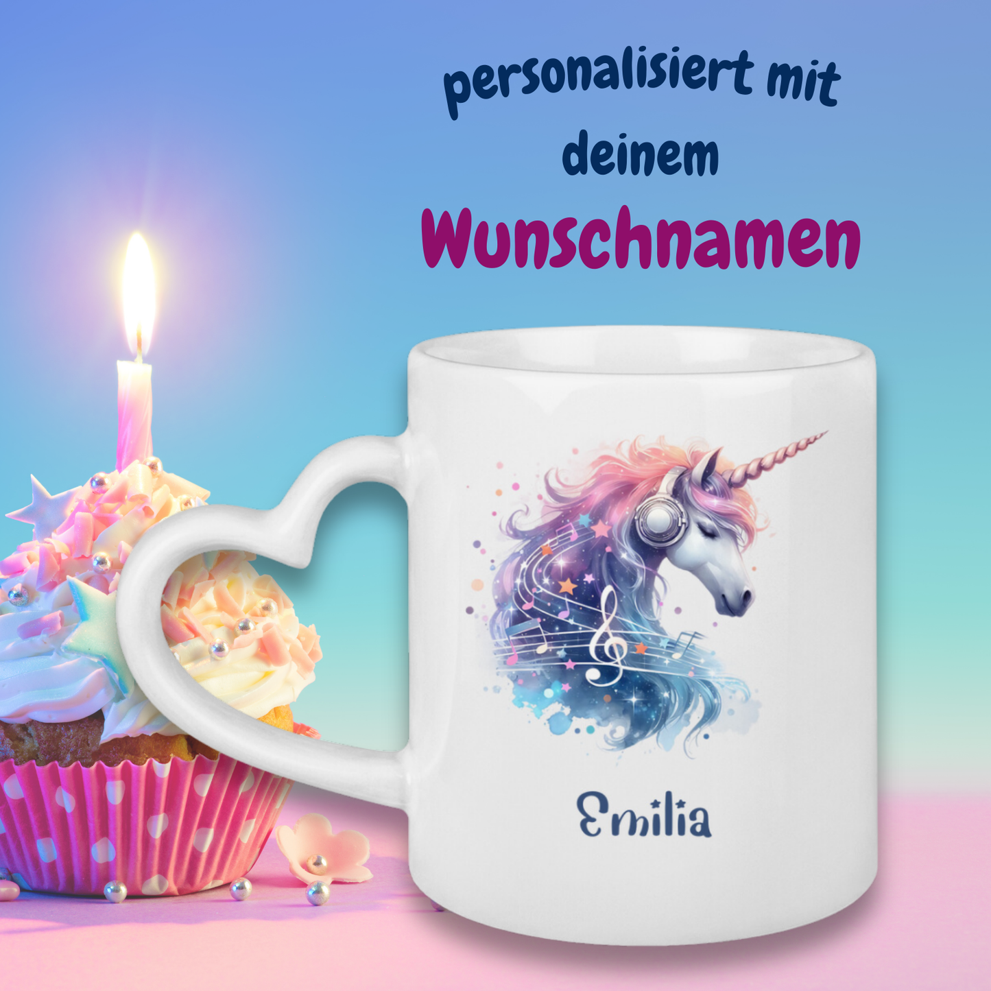 Tasse Herzgriff Einhorn personalisiert mit Wunschname Geschenk Geburtstag