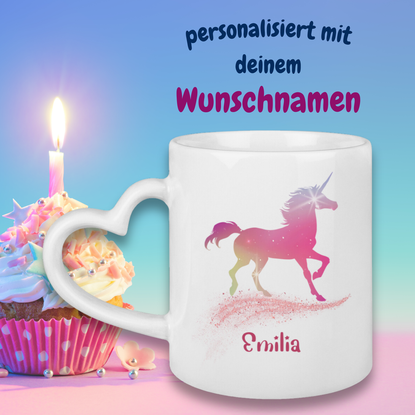 Tasse Herzgriff Einhorn personalisiert mit Wunschname Geschenk Geburtstag