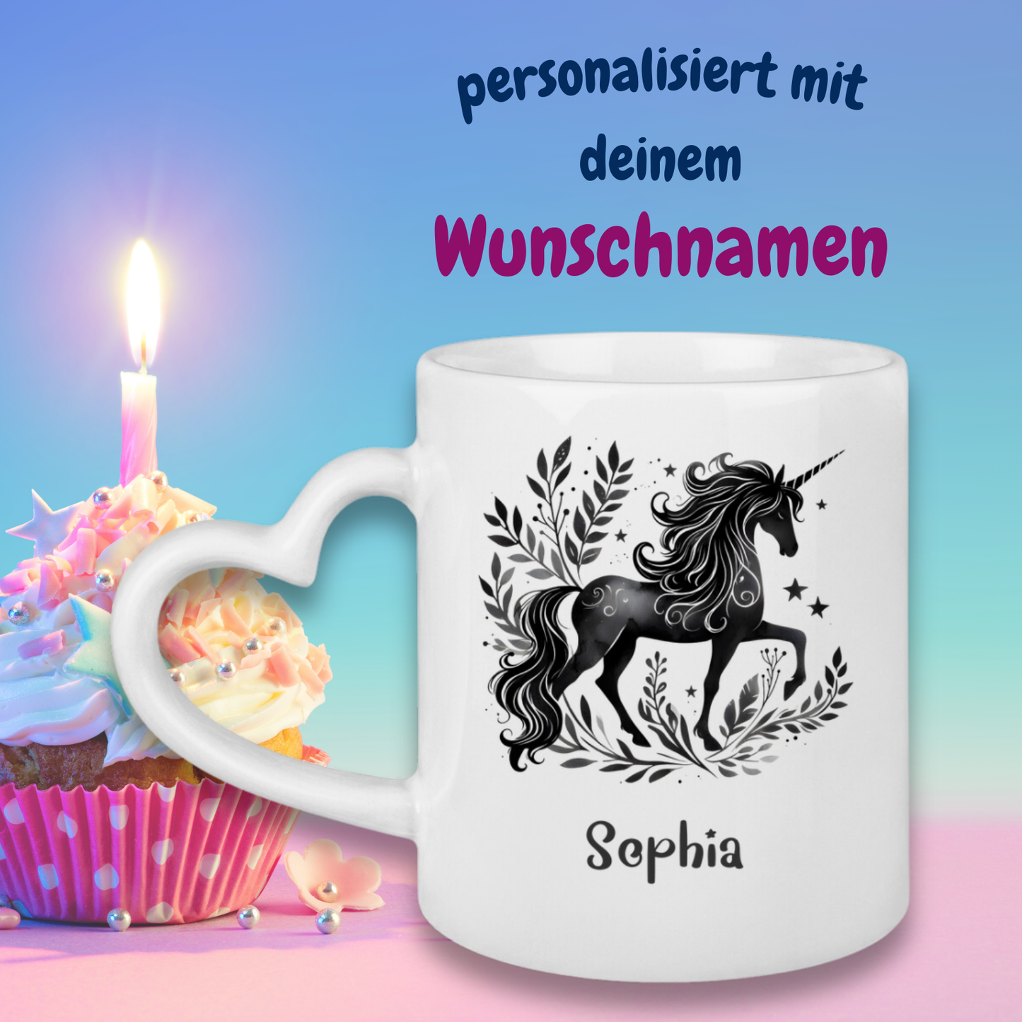 Tasse Herzgriff Einhorn personalisiert mit Wunschname Geschenk Geburtstag