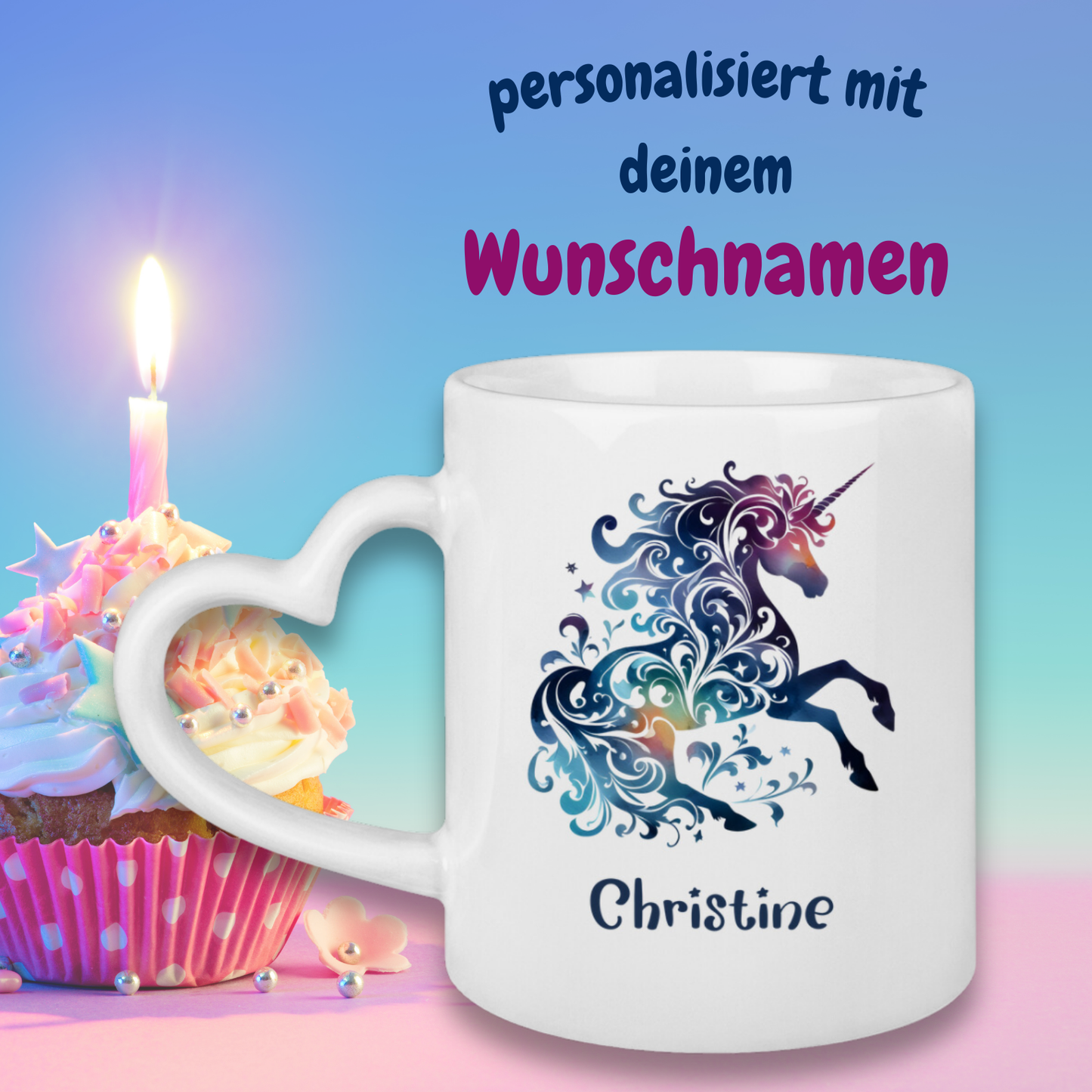 Tasse Herzgriff Einhorn personalisiert mit Wunschname Geschenk Geburtstag