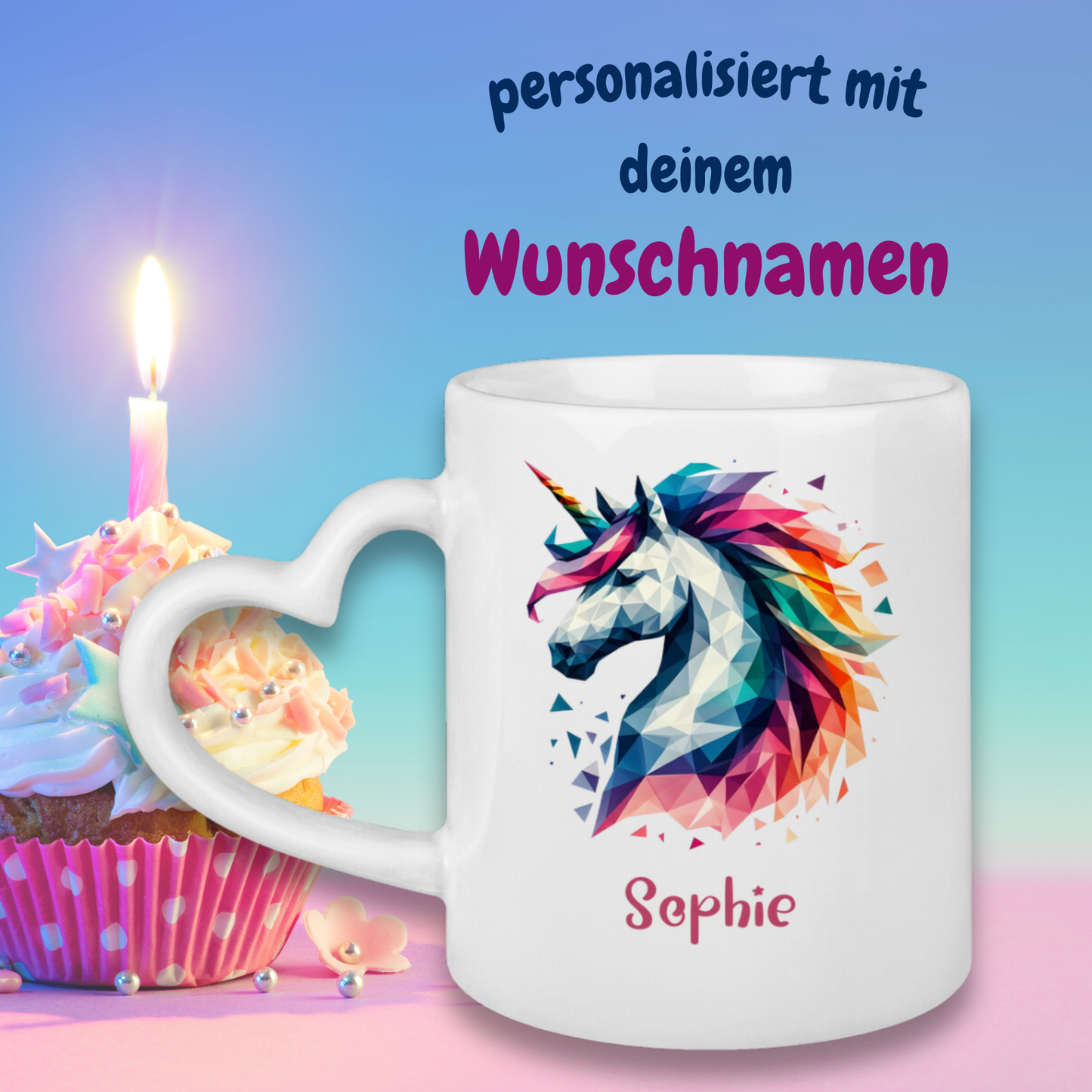 Tasse Herzgriff Einhorn personalisiert mit Wunschname Geschenk Geburtstag
