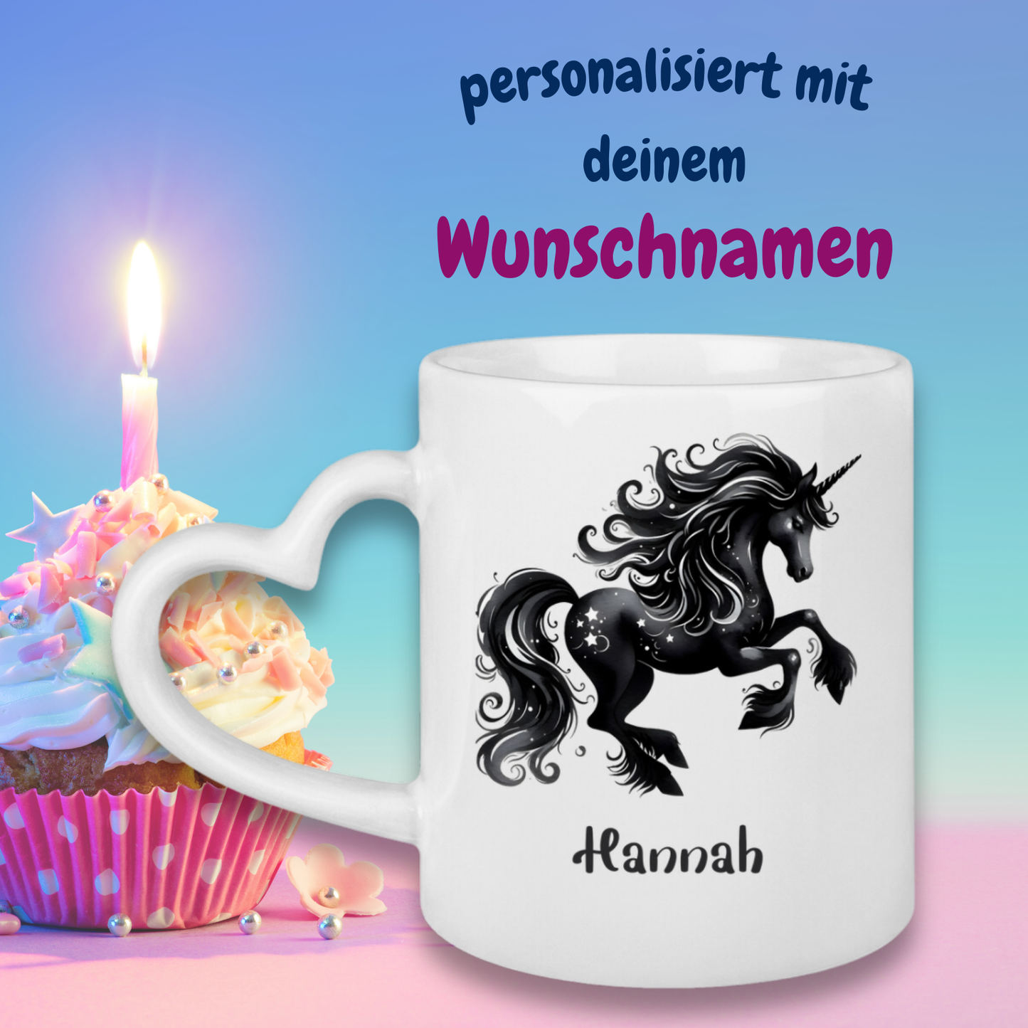 Tasse Herzgriff Einhorn personalisiert mit Wunschname Geschenk Geburtstag