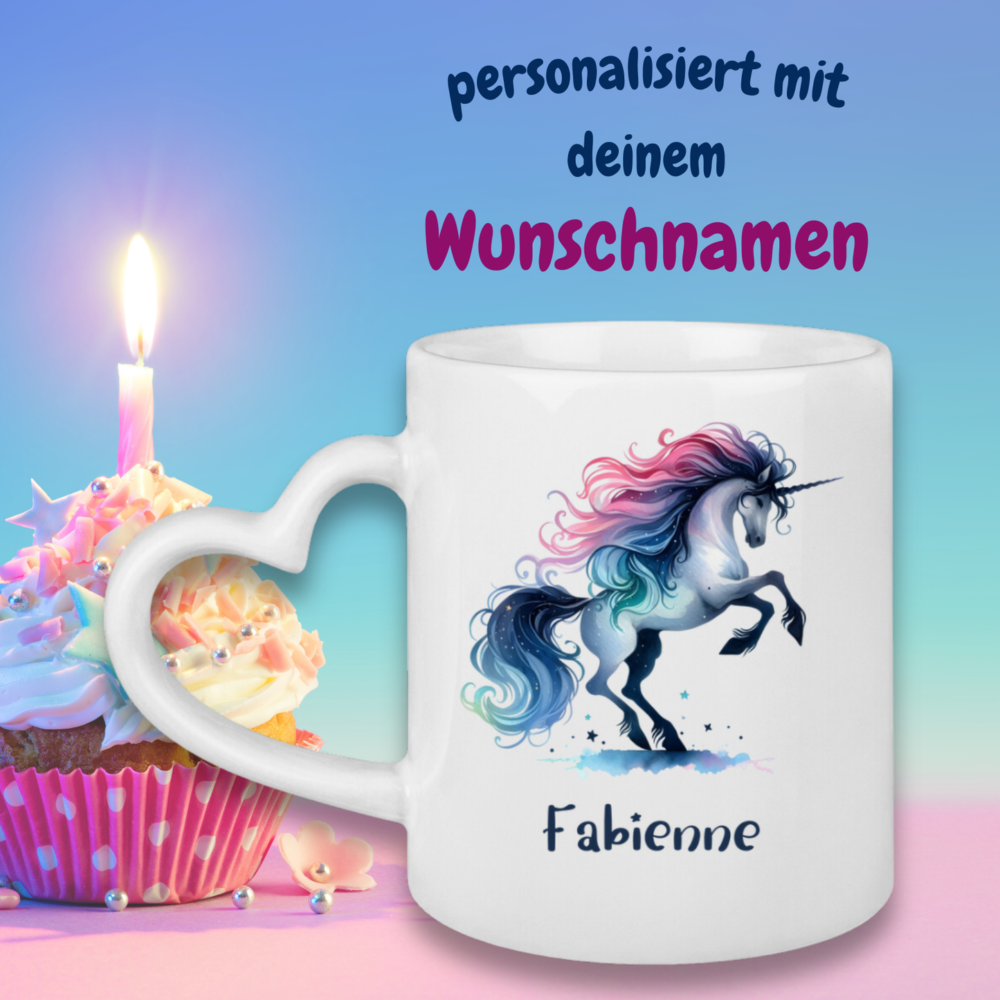 Tasse Herzgriff Einhorn personalisiert mit Wunschname Geschenk Geburtstag