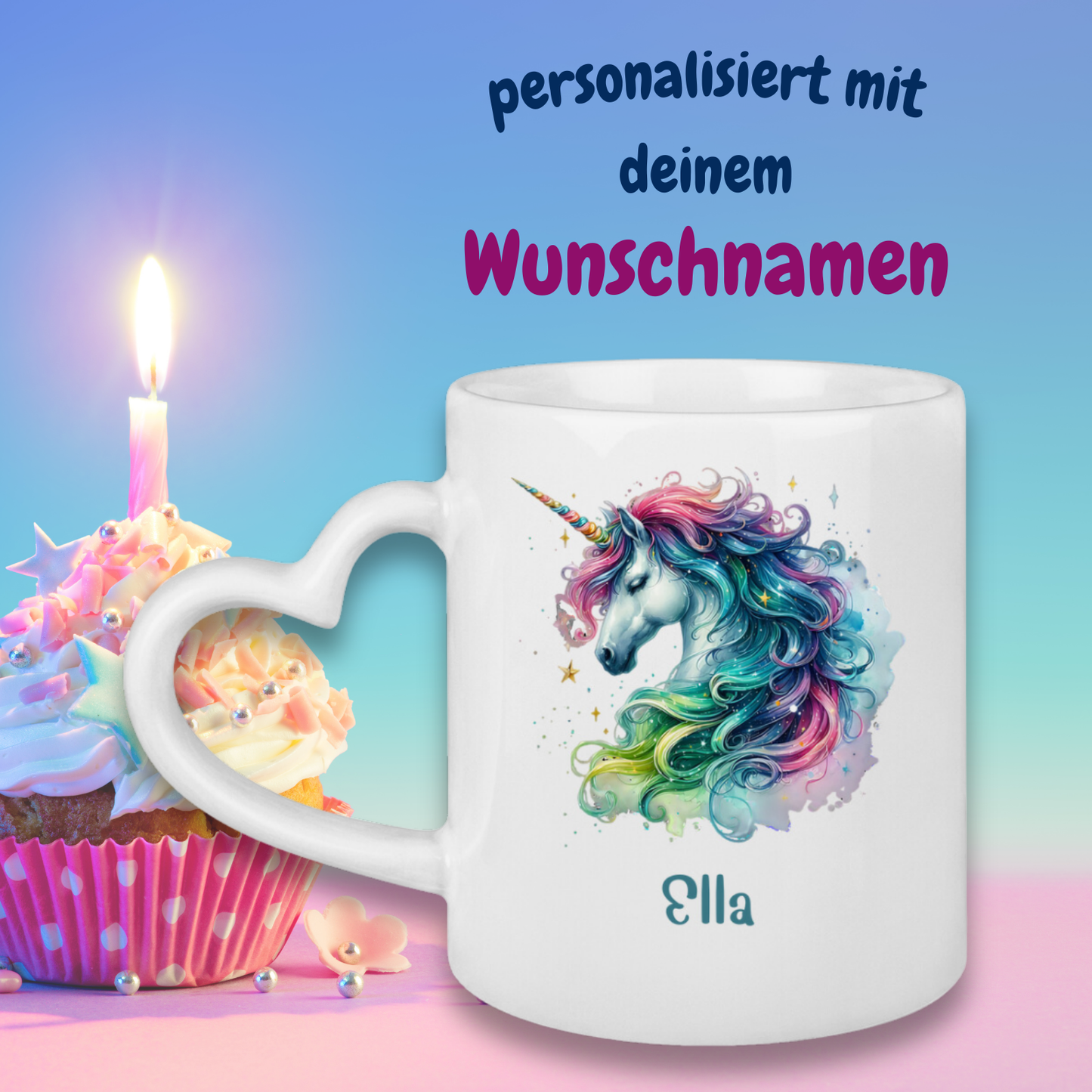 Tasse Herzgriff Einhorn personalisiert mit Wunschname Geschenk Geburtstag