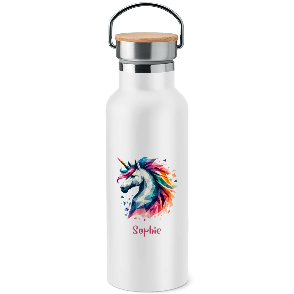 Edelstahl Trinkflasche mit Bambusdeckel Einhorn personalisiert mit Wunschname