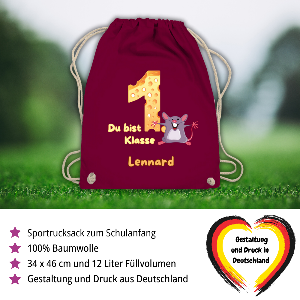 Sportbeutel Schule personalisiert Maus Mädchen Junge Turnbeutel 37x46 cm