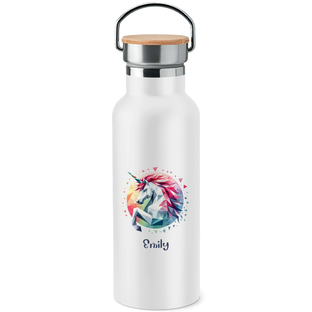 Edelstahl Trinkflasche mit Bambusdeckel Einhorn personalisiert mit Wunschname