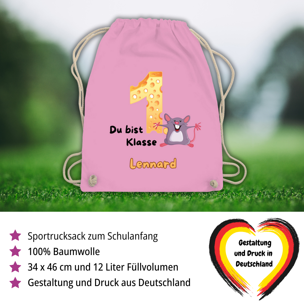 Sportbeutel Schule personalisiert Maus Mädchen Junge Turnbeutel 37x46 cm