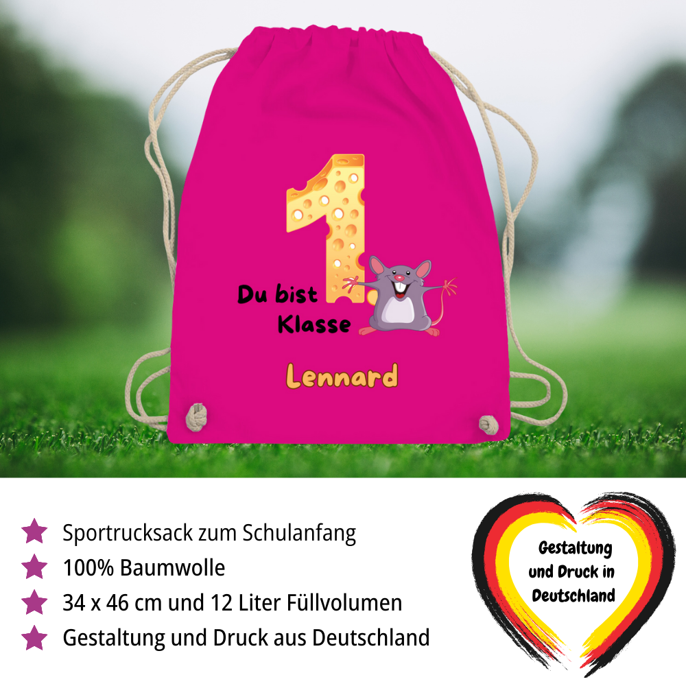 Sportbeutel Schule personalisiert Maus Mädchen Junge Turnbeutel 37x46 cm