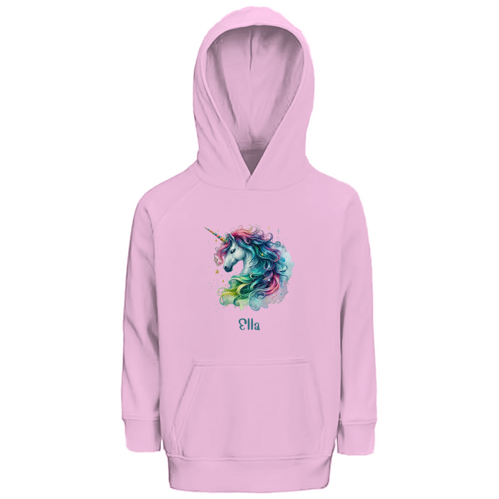 Kinder Premium Bio Hoodie Einhorn personalisiert mit Wunschname Geschenk