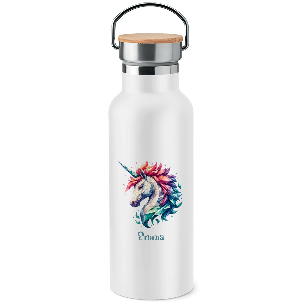 Edelstahl Trinkflasche mit Bambusdeckel Einhorn personalisiert mit Wunschname