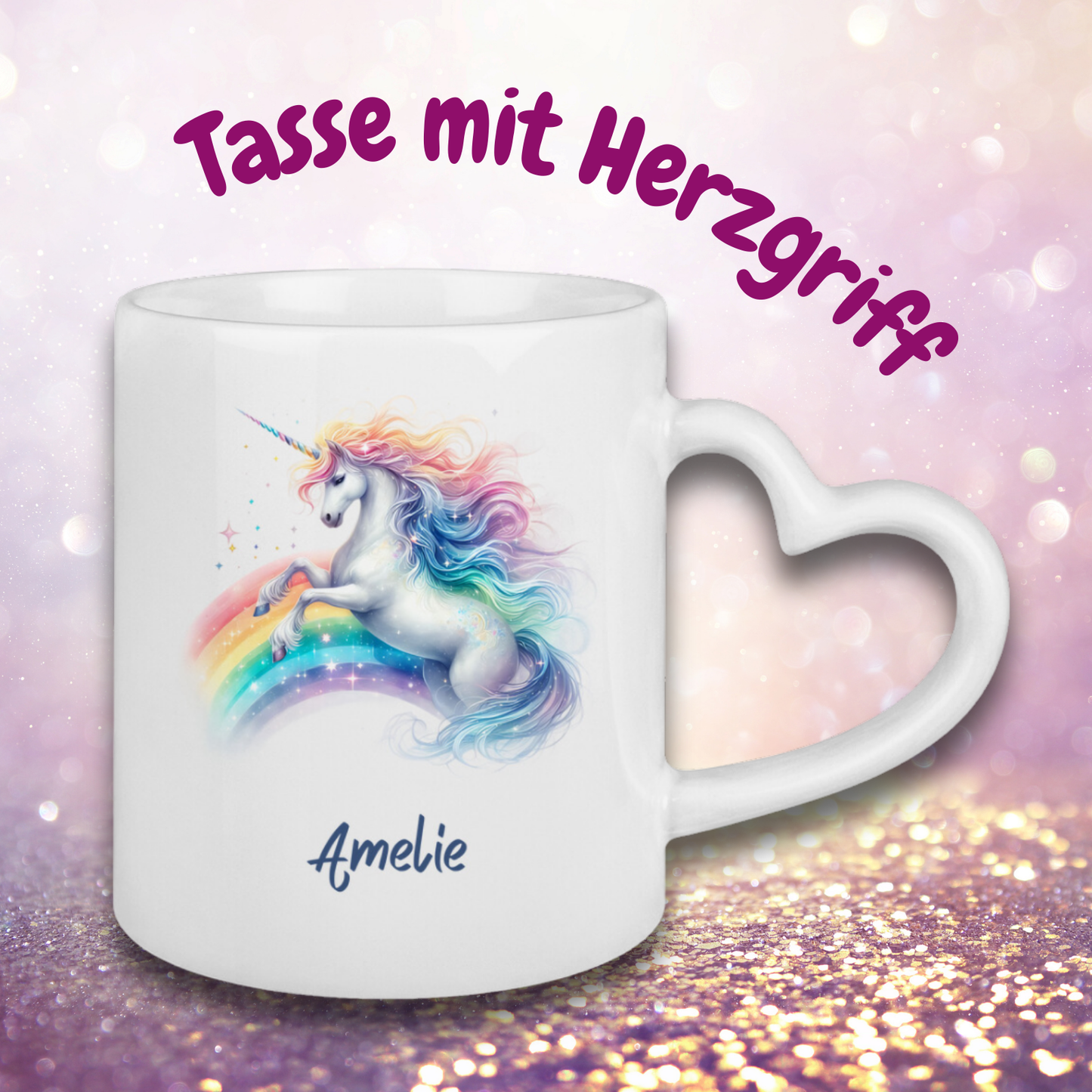 Tasse Herzgriff Einhorn personalisiert mit Wunschname Geschenk Geburtstag
