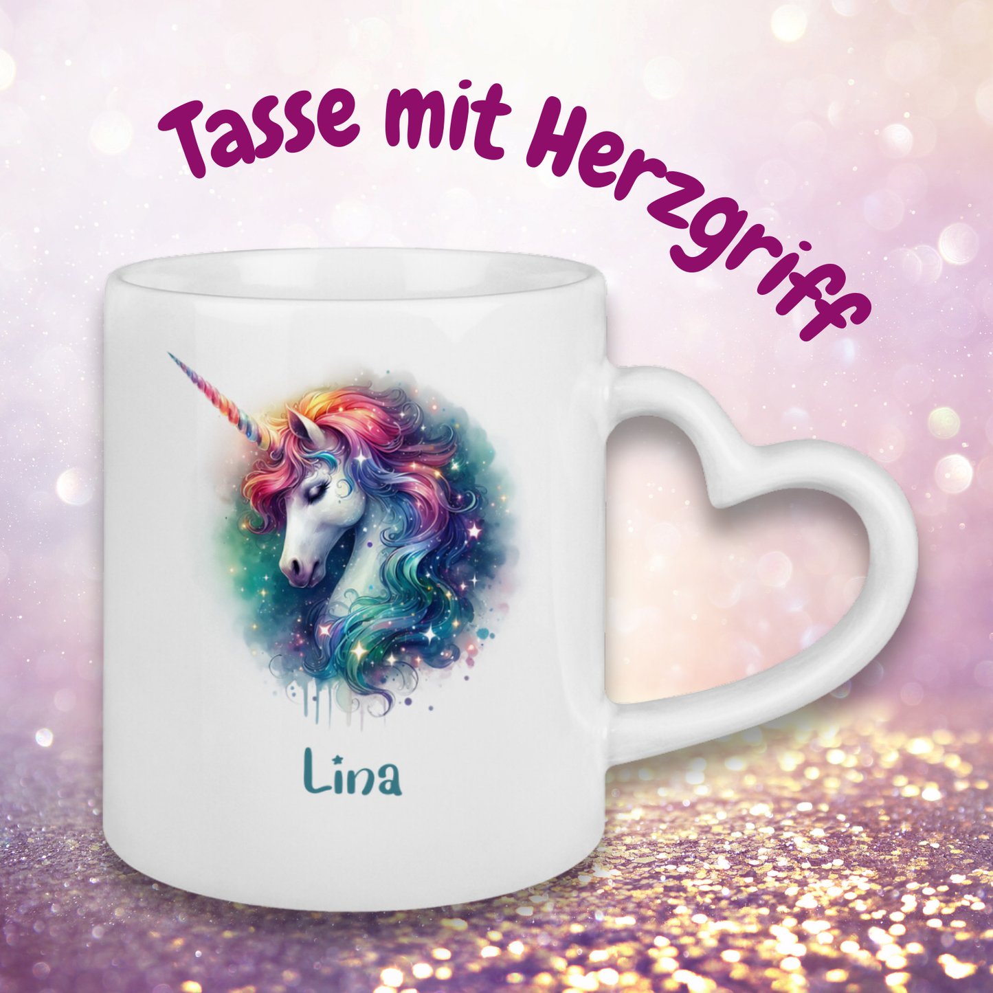 Tasse Herzgriff Einhorn personalisiert mit Wunschname Geschenk Geburtstag