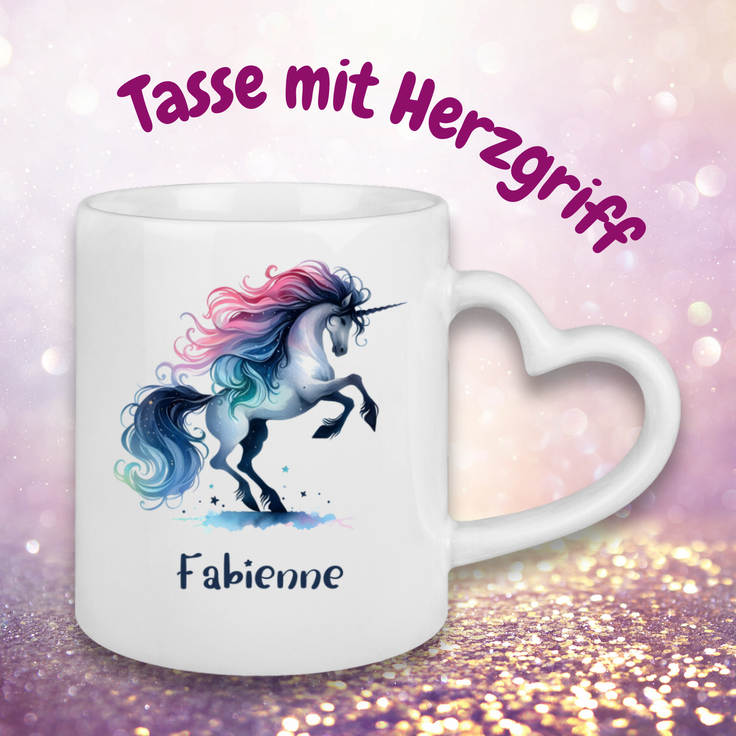 Tasse Herzgriff Einhorn personalisiert mit Wunschname Geschenk Geburtstag