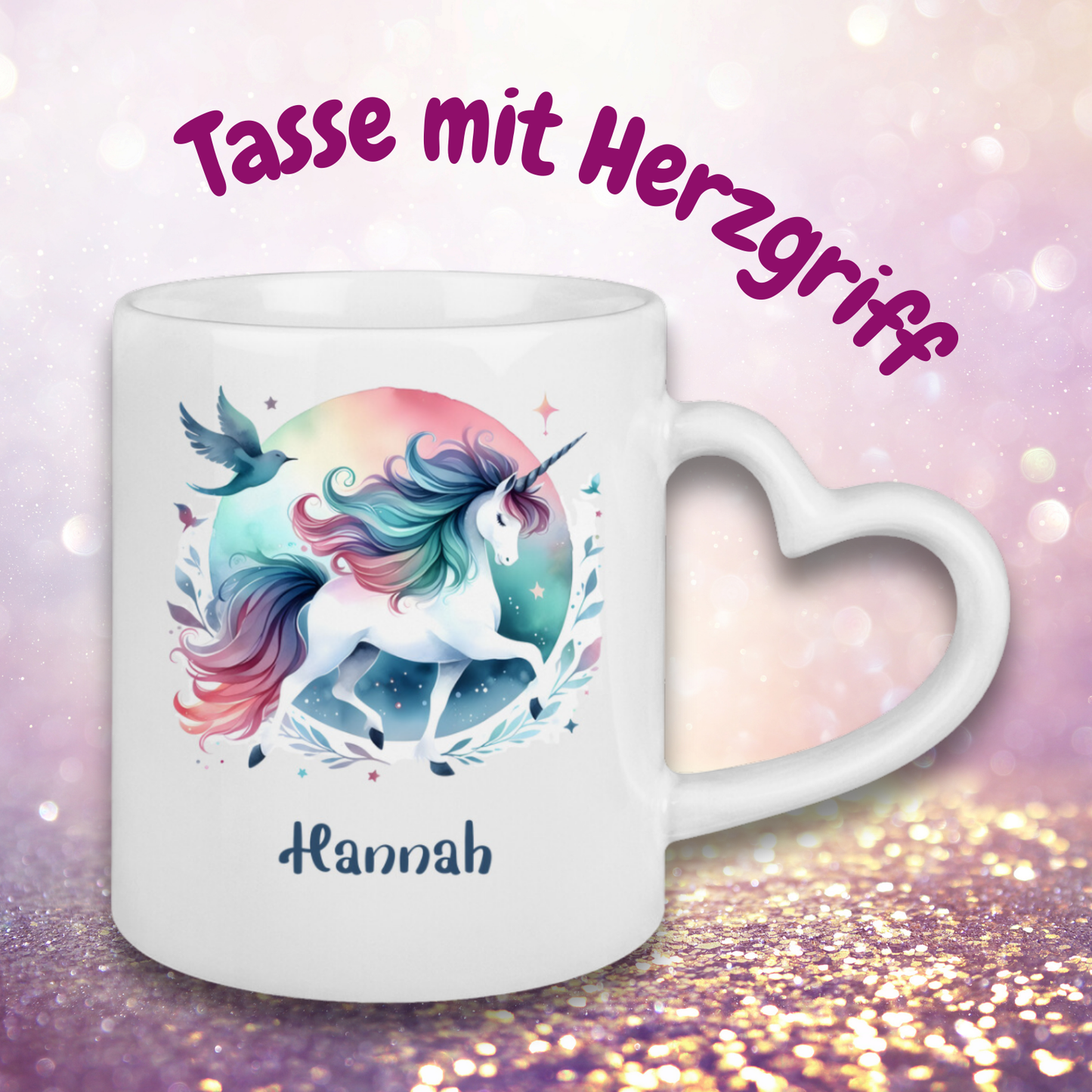 Tasse Herzgriff Einhorn personalisiert mit Wunschname Geschenk Geburtstag