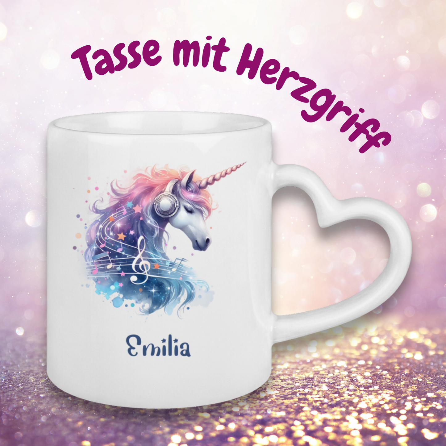 Tasse Herzgriff Einhorn personalisiert mit Wunschname Geschenk Geburtstag