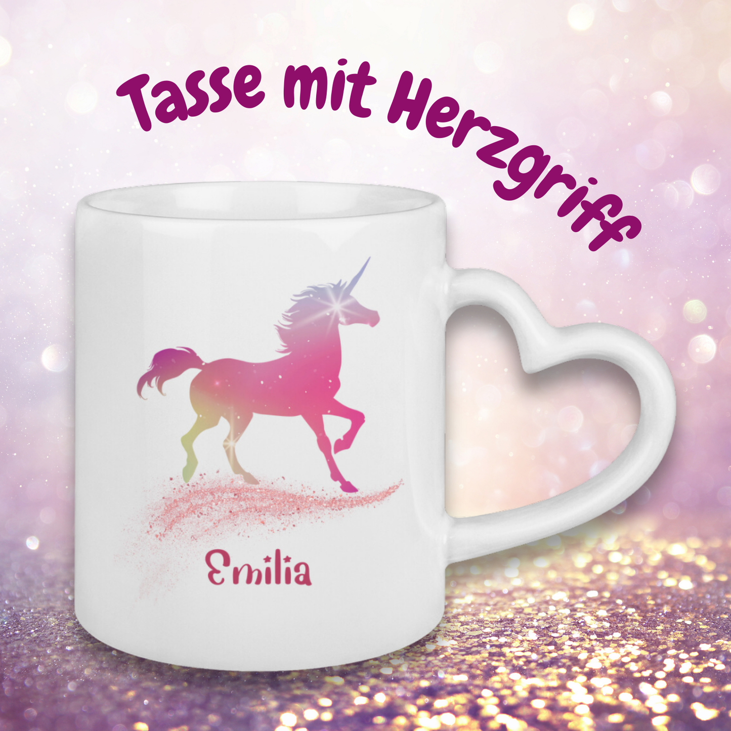 Tasse Herzgriff Einhorn personalisiert mit Wunschname Geschenk Geburtstag