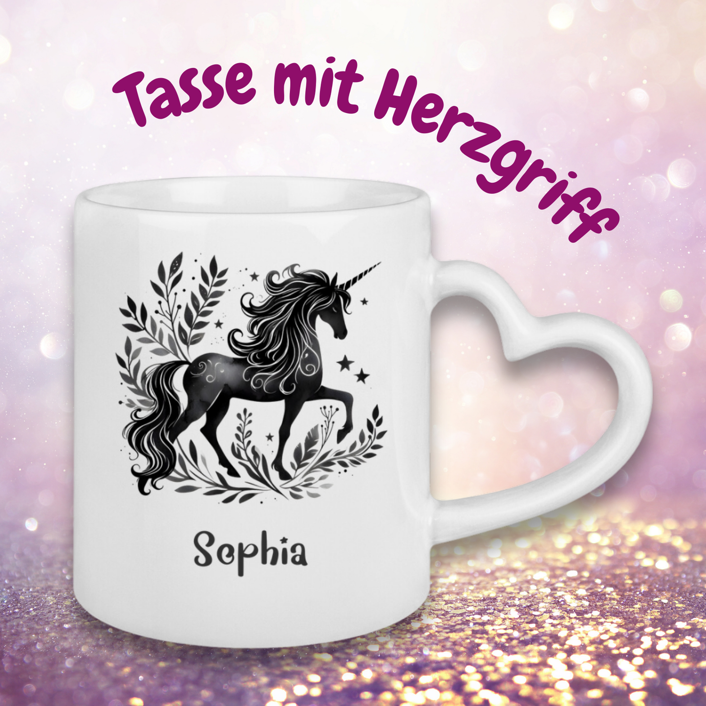 Tasse Herzgriff Einhorn personalisiert mit Wunschname Geschenk Geburtstag