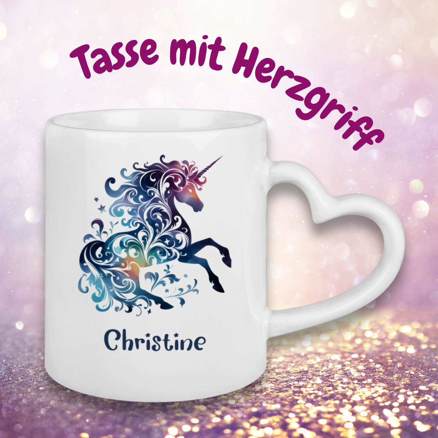 Tasse Herzgriff Einhorn personalisiert mit Wunschname Geschenk Geburtstag
