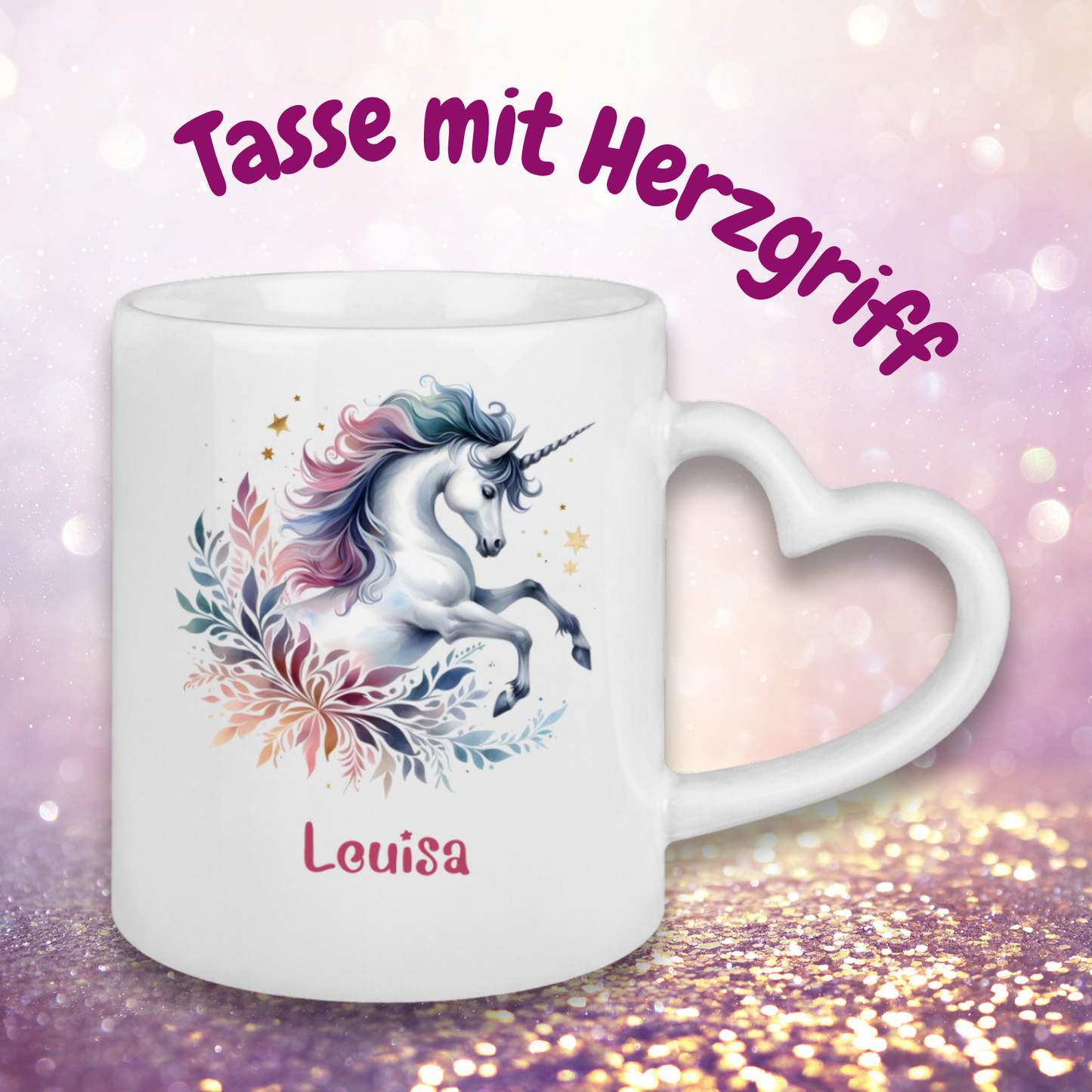 Tasse Herzgriff Einhorn personalisiert mit Wunschname Geschenk Geburtstag