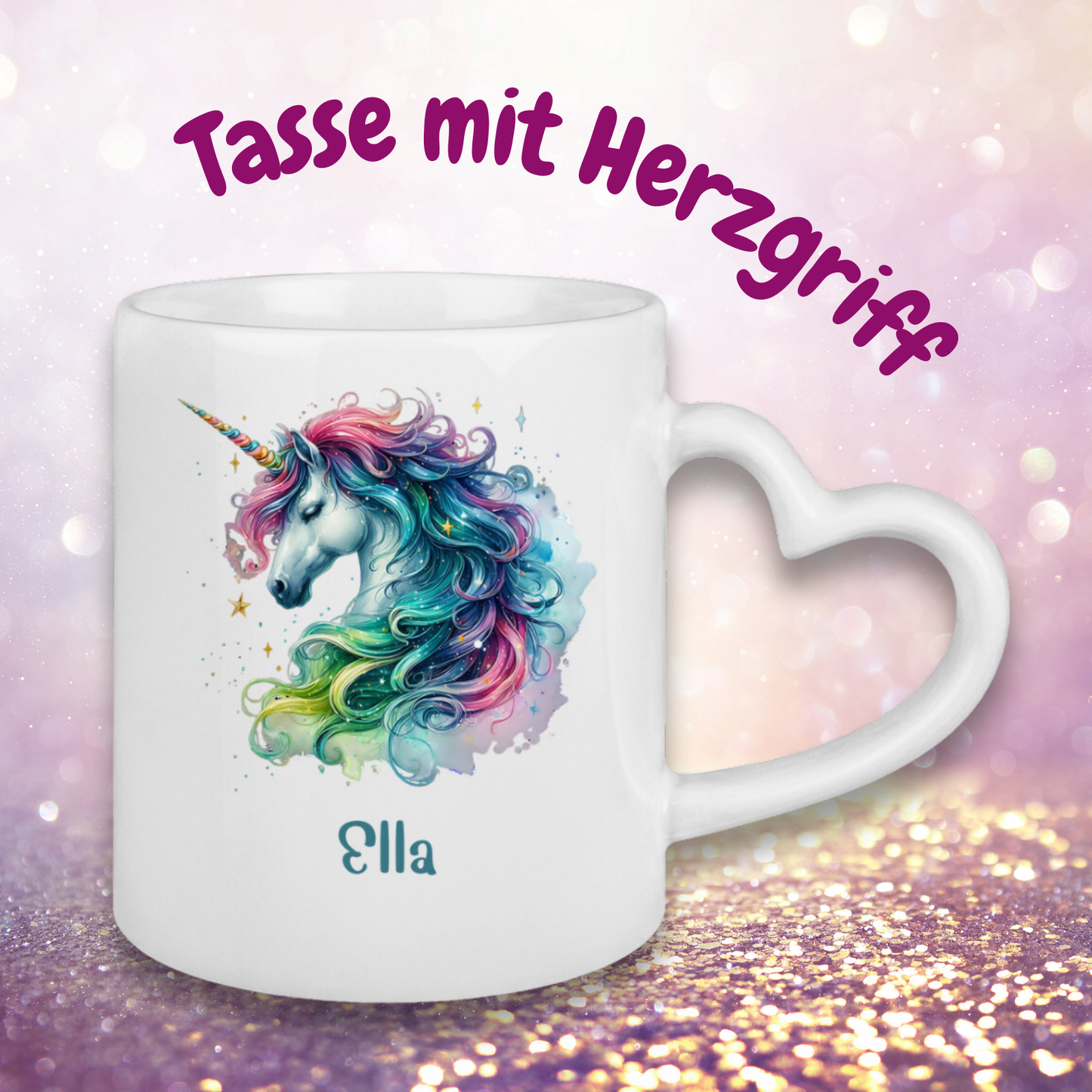 Tasse Herzgriff Einhorn personalisiert mit Wunschname Geschenk Geburtstag