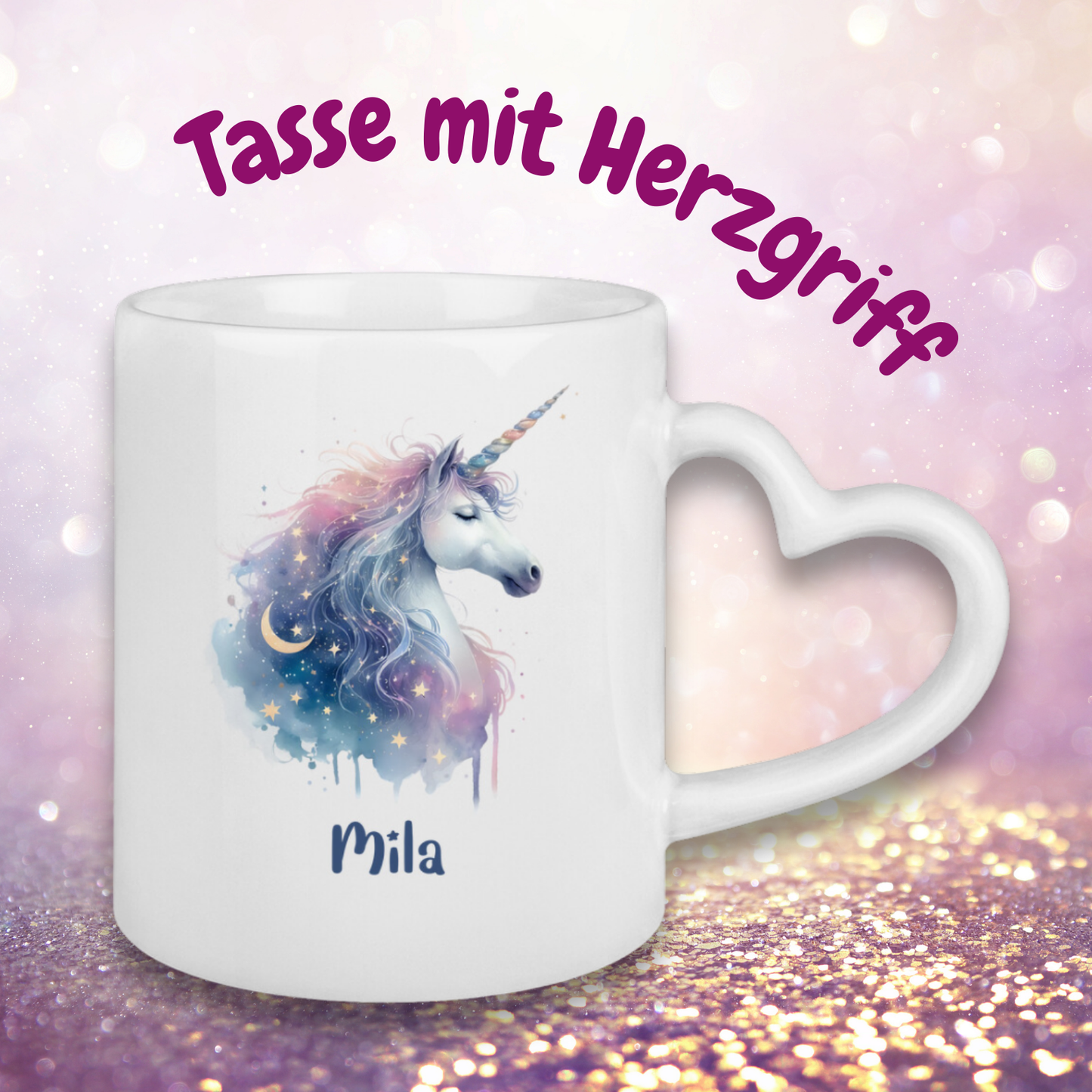 Tasse Herzgriff Einhorn personalisiert mit Wunschname Geschenk Geburtstag