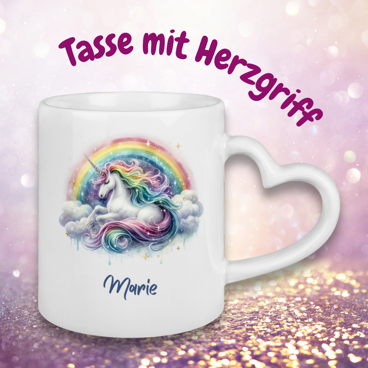 Tasse Herzgriff Einhorn personalisiert mit Wunschname Geschenk Geburtstag