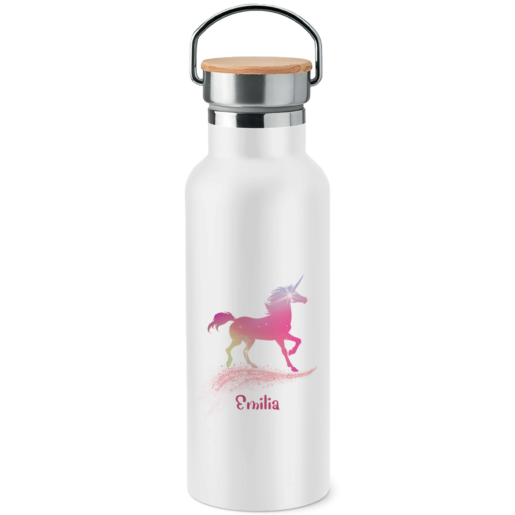 Edelstahl Trinkflasche mit Bambusdeckel Einhorn personalisiert mit Wunschname