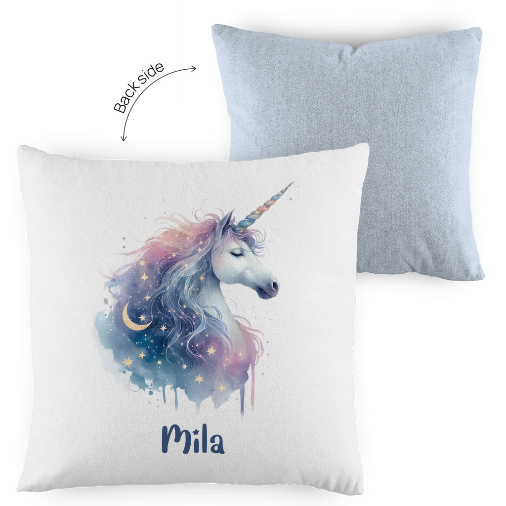 Kopfkissen Einhorn personalisiert mit Wunschname 40x40 cm mit Füllung zweifarbig