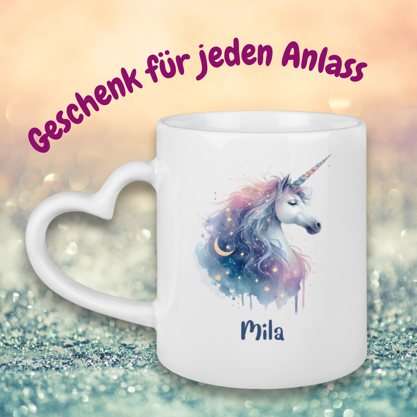 Tasse Herzgriff Einhorn personalisiert mit Wunschname Geschenk Geburtstag