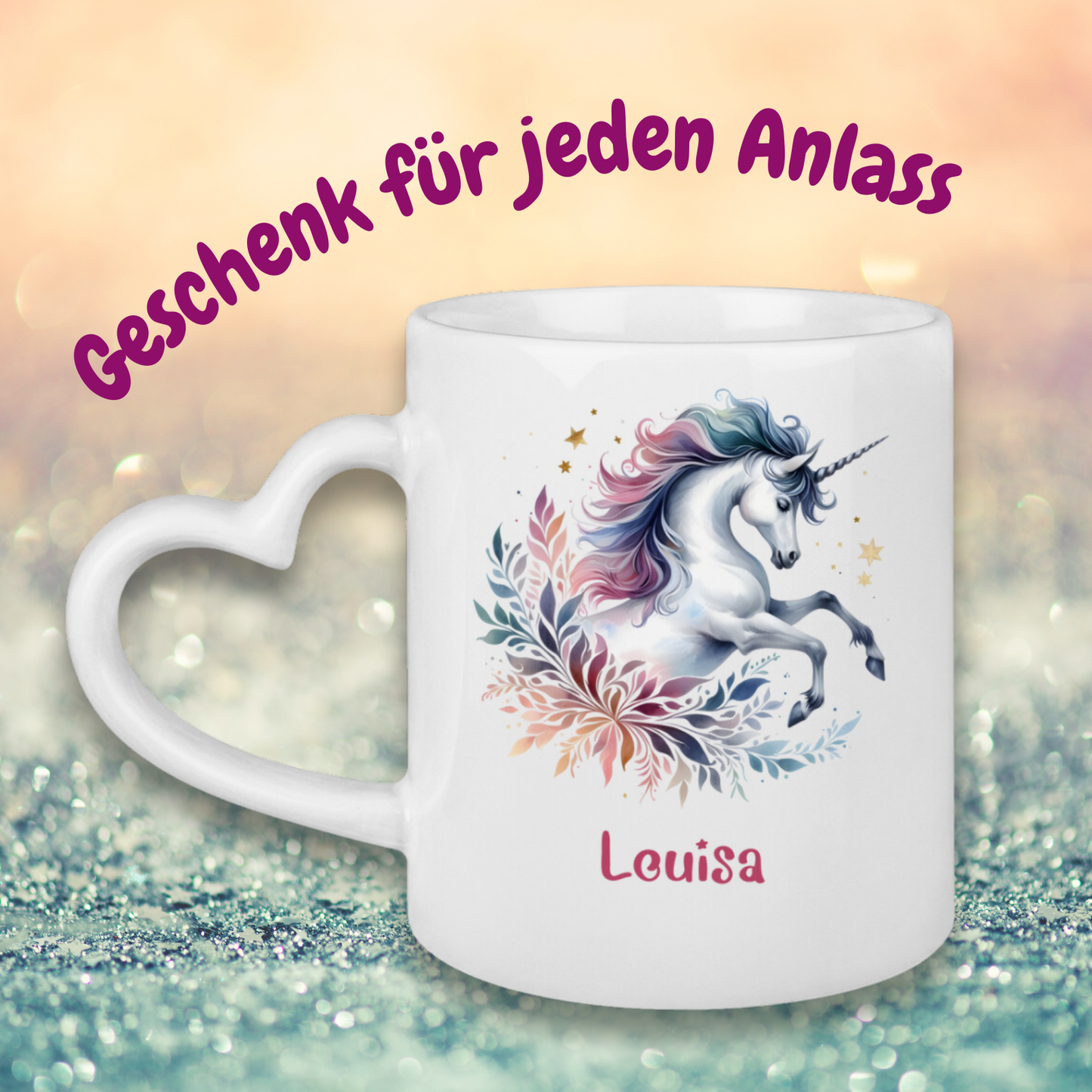 Tasse Herzgriff Einhorn personalisiert mit Wunschname Geschenk Geburtstag