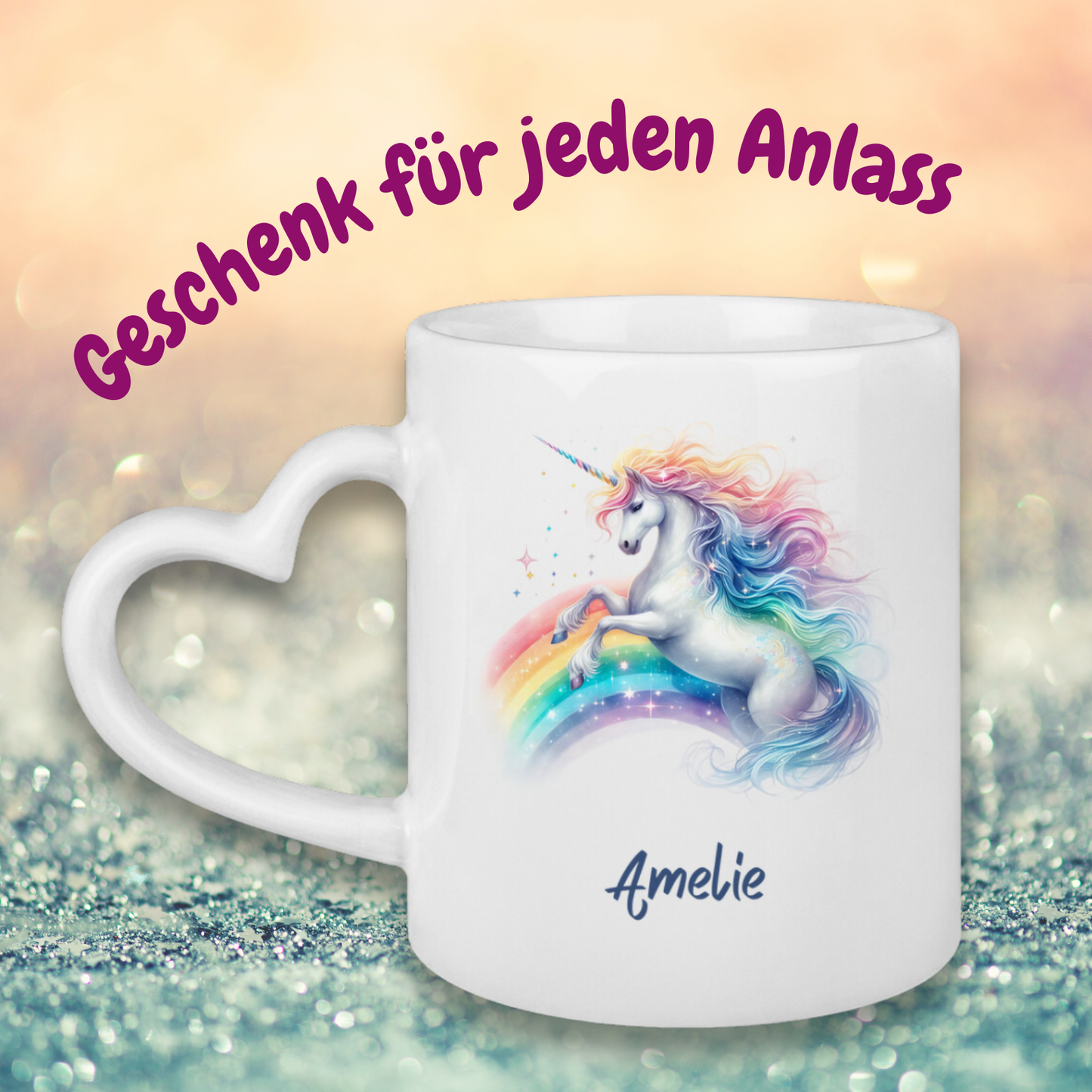Tasse Herzgriff Einhorn personalisiert mit Wunschname Geschenk Geburtstag