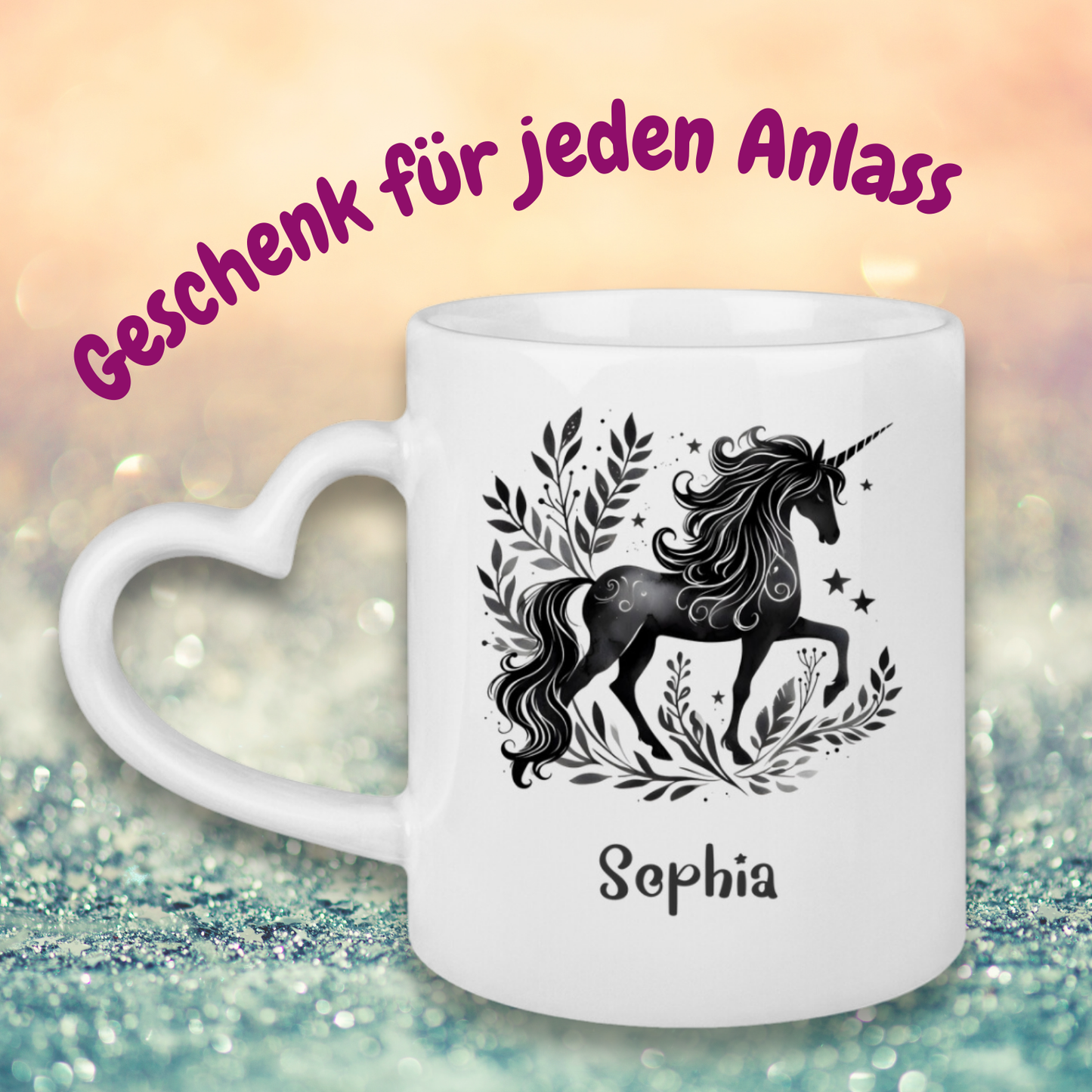 Tasse Herzgriff Einhorn personalisiert mit Wunschname Geschenk Geburtstag